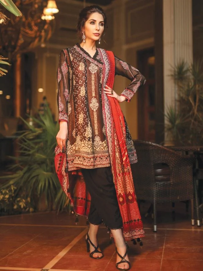 Embroidered Chiffon Suit - ELU18C10-19438
