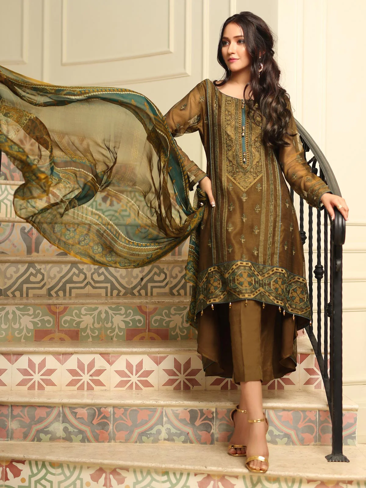Embroidered Silk Suit - ELU19V5-19804