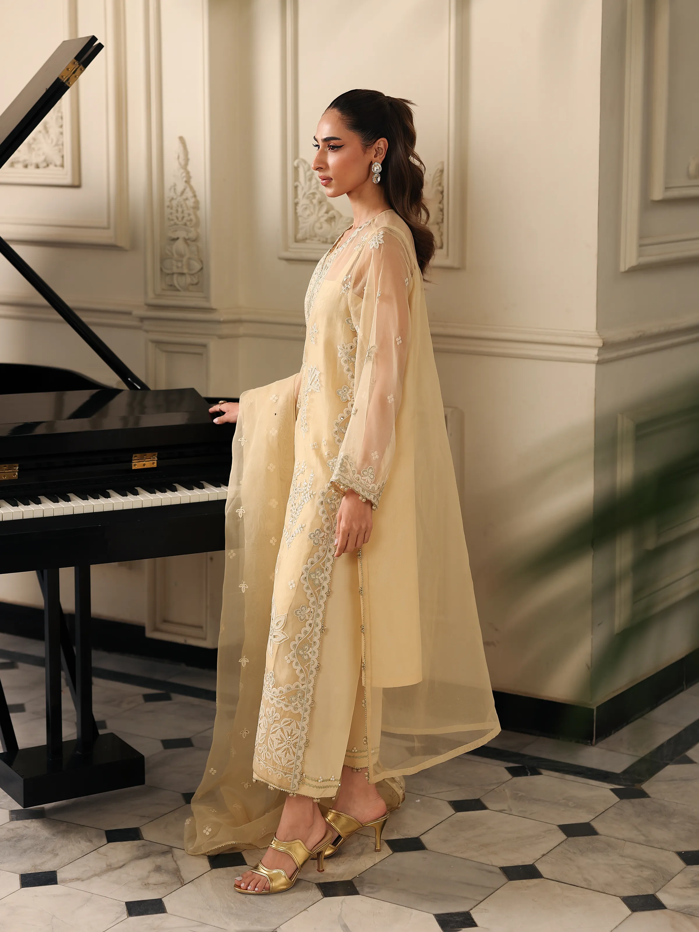 Embroidered Organza Suit - EWU5V4-31261-3P - Image 5