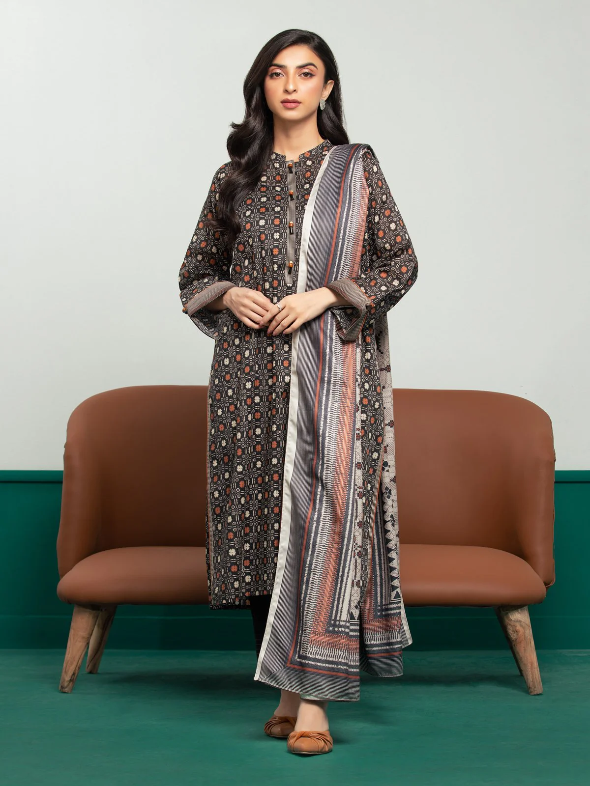 Printed Khaddar Shirt Dupatta - EWU23A3S-27625SD