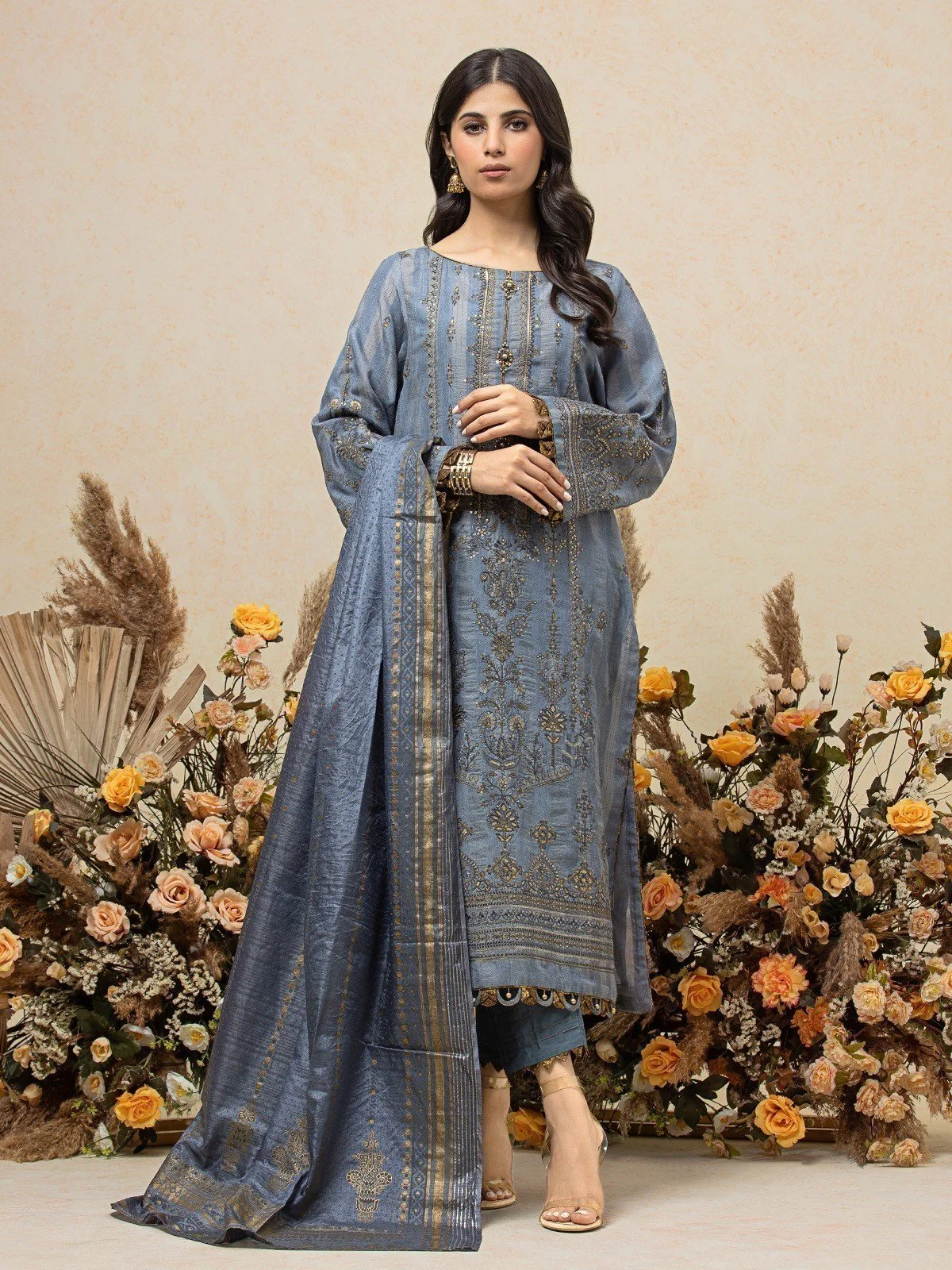 Embroidered Tusser Silk Suit - EWU23V18-26672