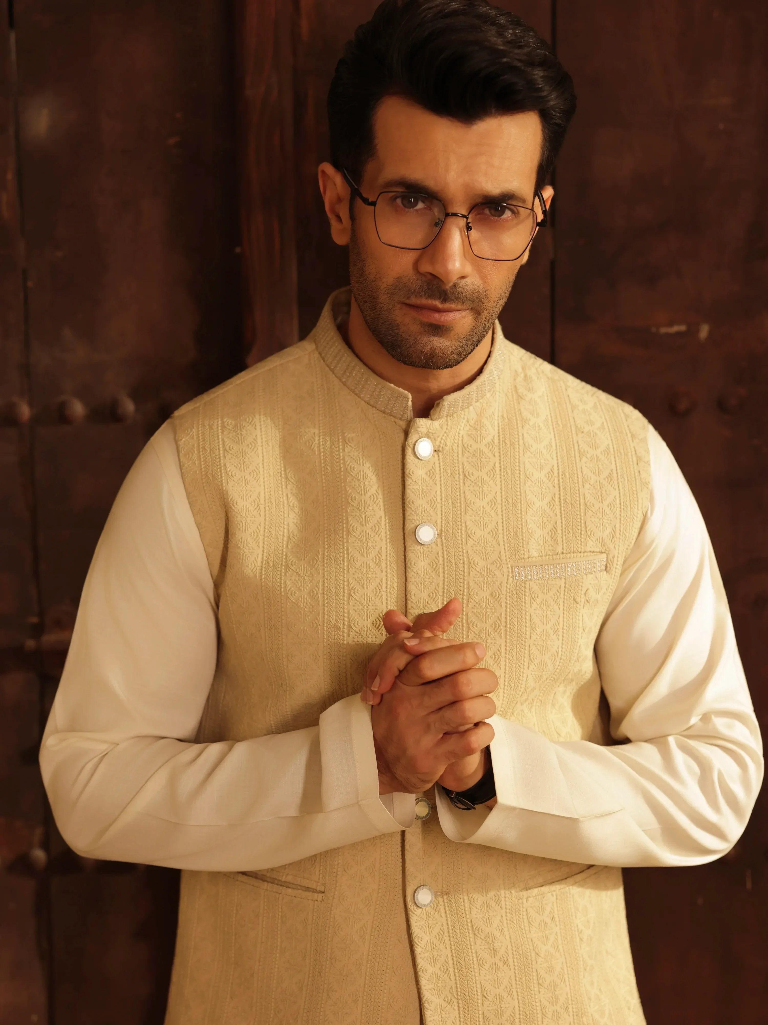 Embroidered Dobby Waistcoat Suit - ECMTWCS5-035 - Image 3