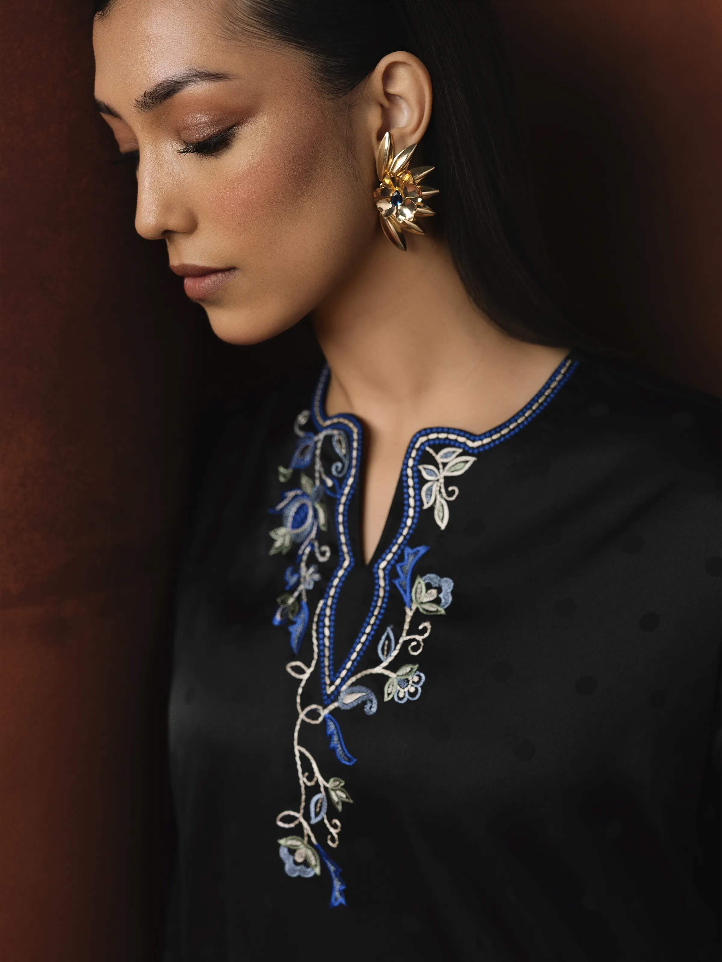 Embroidered Cotton Satin Co-Ord Set - EWTKED6-86156ST - Image 3