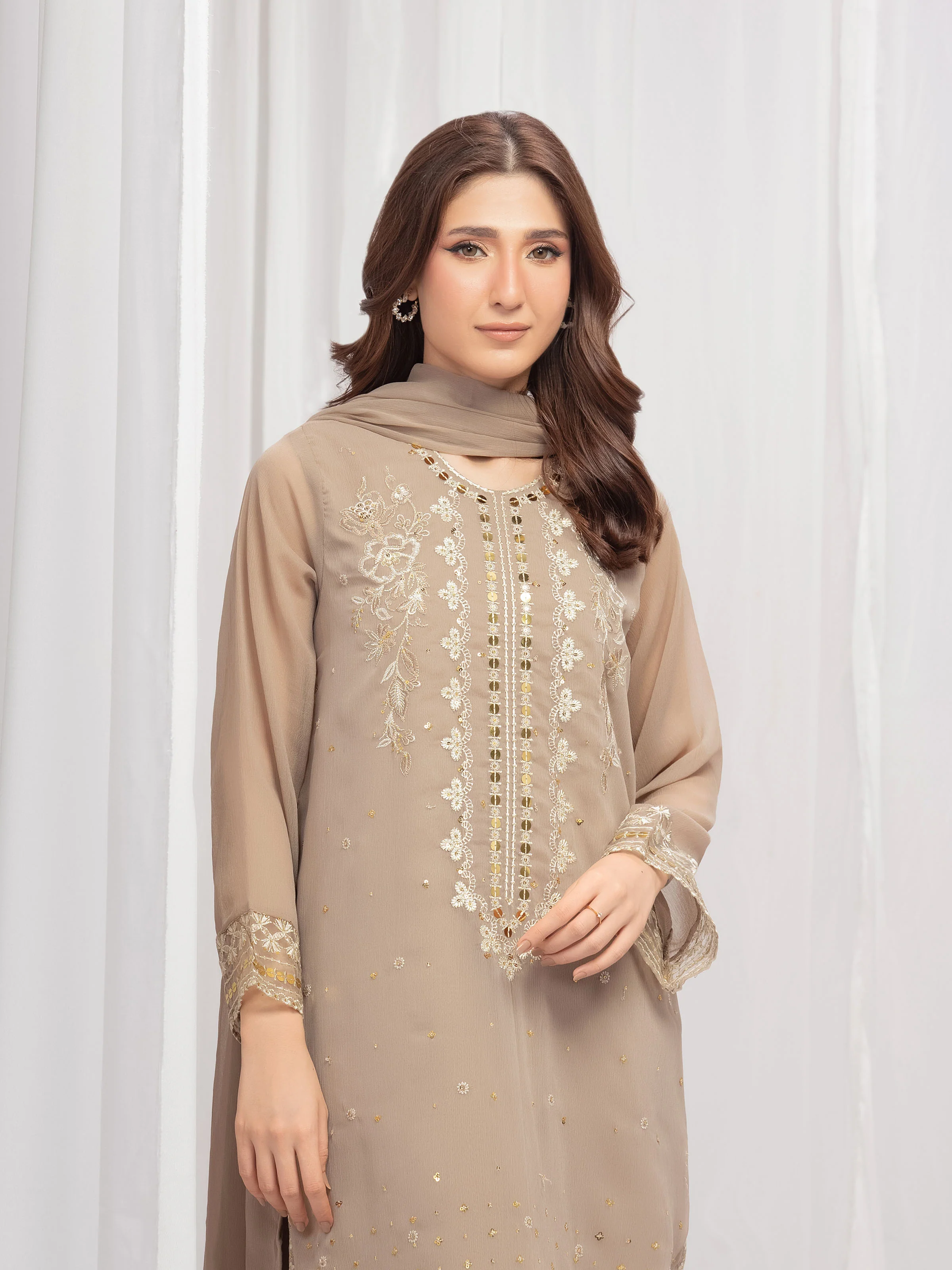 Embroidered Chiffon Suit - EWTPLE5-00049-3P - Image 2