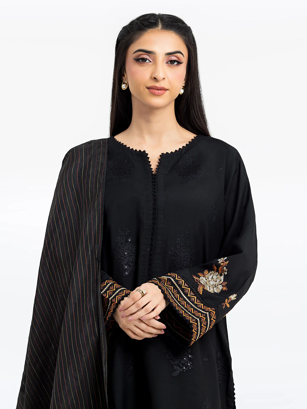 Embroidered Cotton Satin Suit - EWTKE24-69694-3P