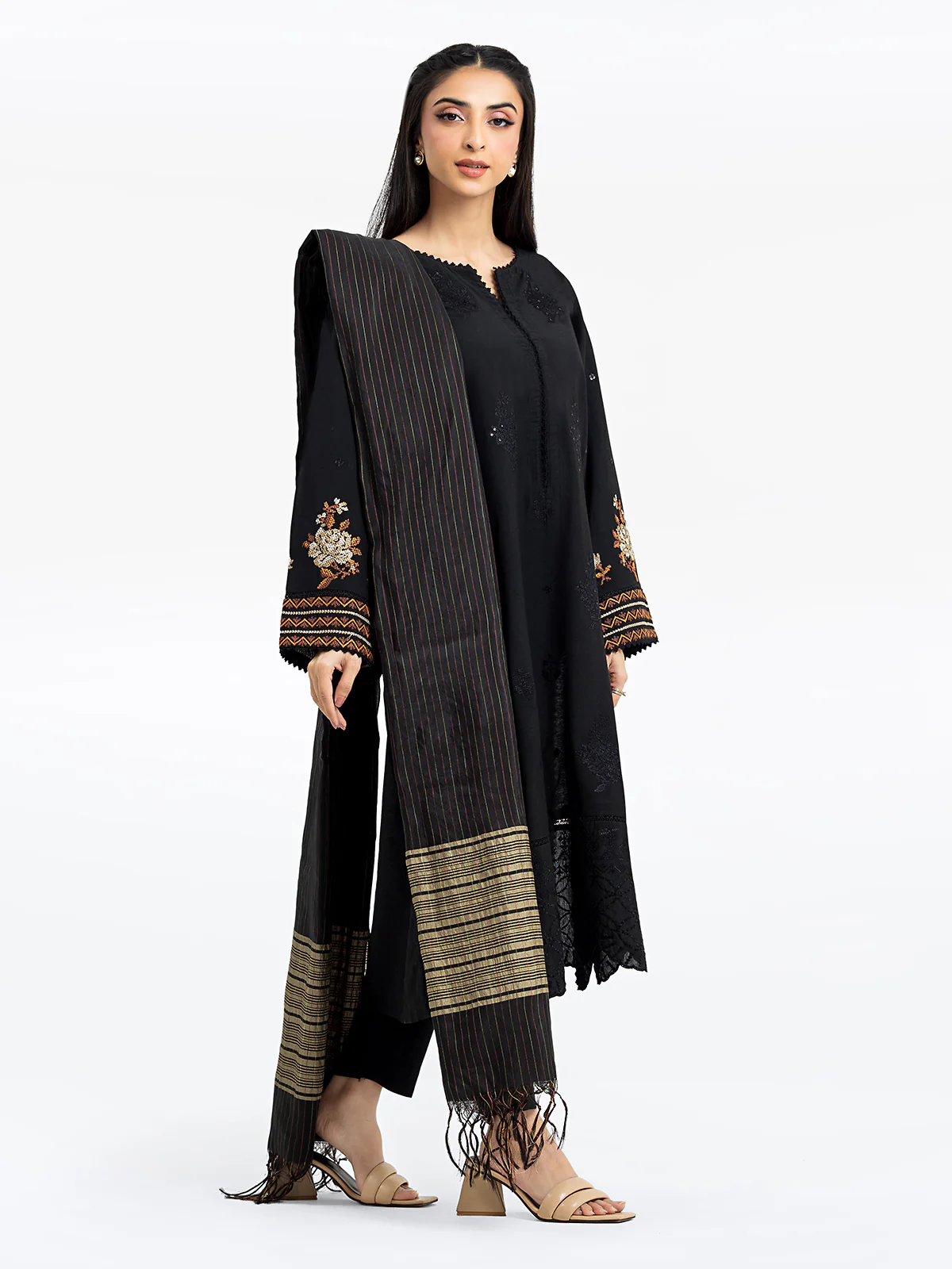Embroidered Cotton Satin Suit - EWTKE24-69694-3P - Image 5
