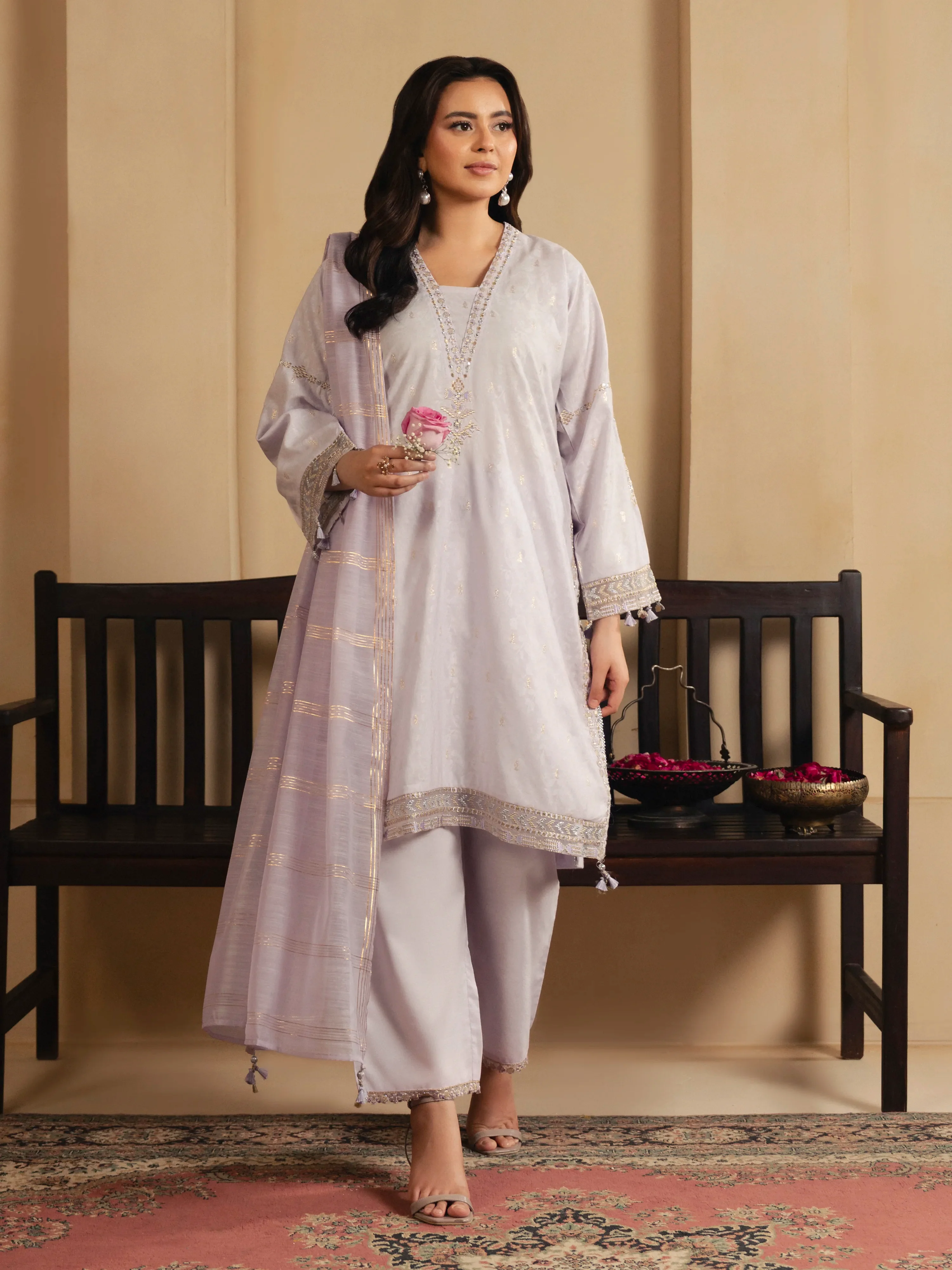 Embroidered Jacquard Suit - EWTKED6-86137-3P - Image 3