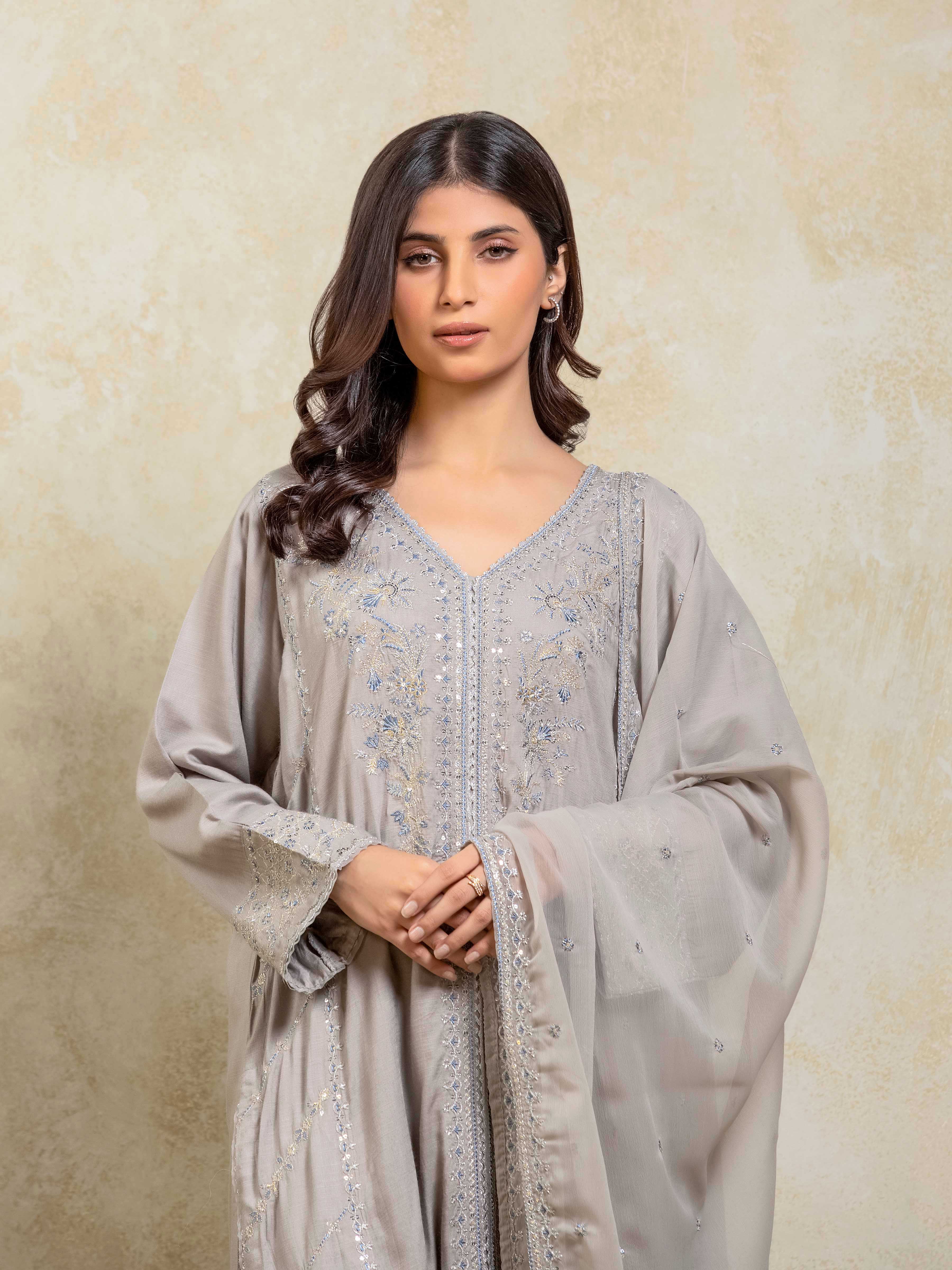 Embroidered Raw Silk Suit - EWTPLE24-00037-3P - Image 2