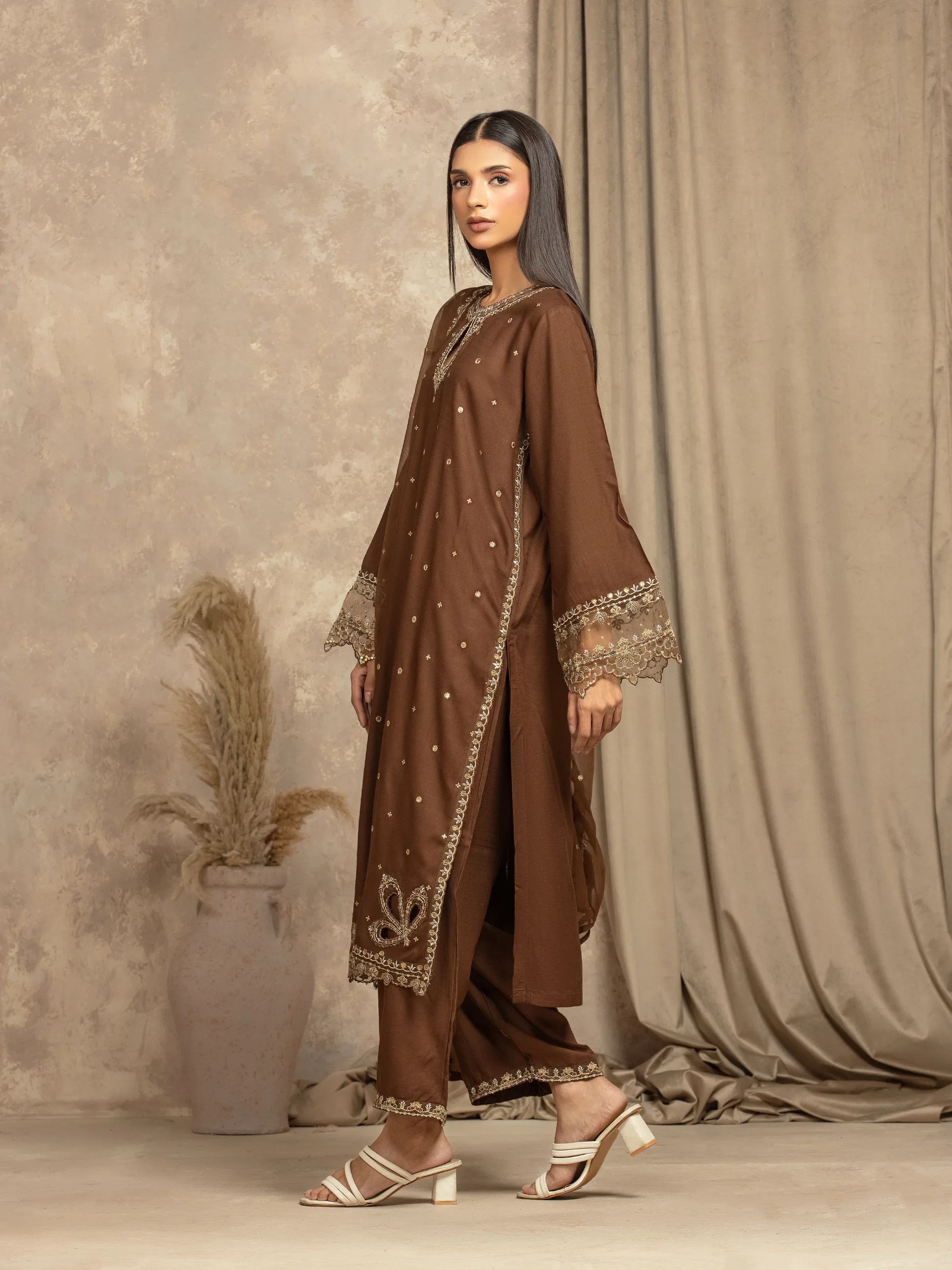 Embroidered Raw Silk Suit - EWTPLE5-00044-3P - Image 5