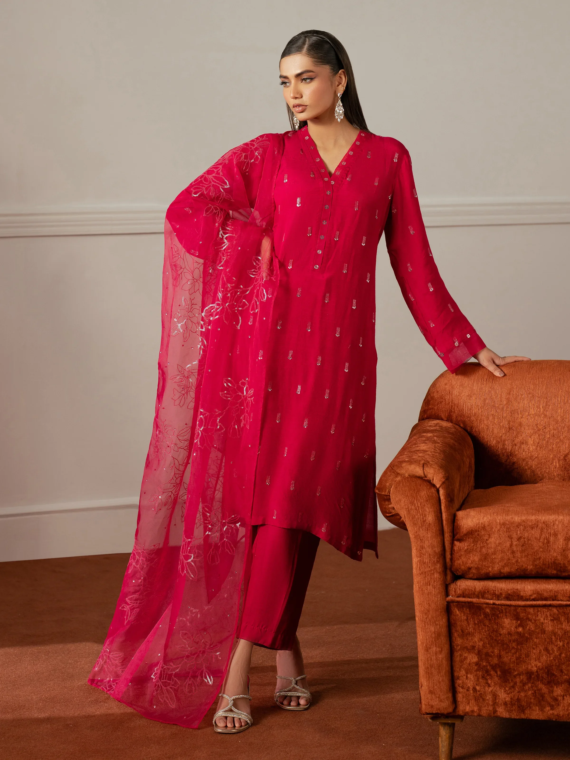 Embroidered Raw Silk Suit - EWTPLE24-00035-3P - Image 2