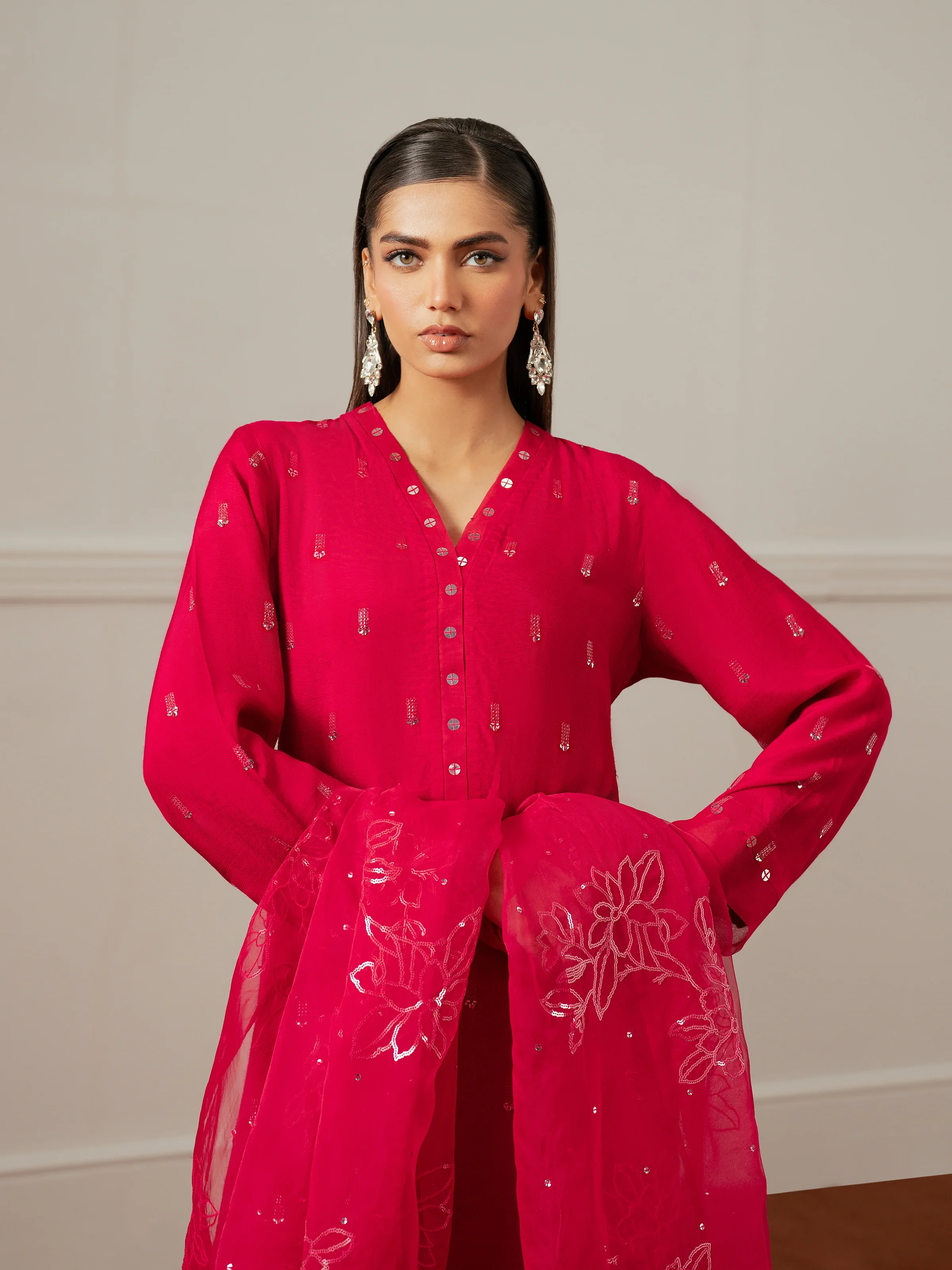 Embroidered Raw Silk Suit - EWTPLE24-00035-3P - Image 4
