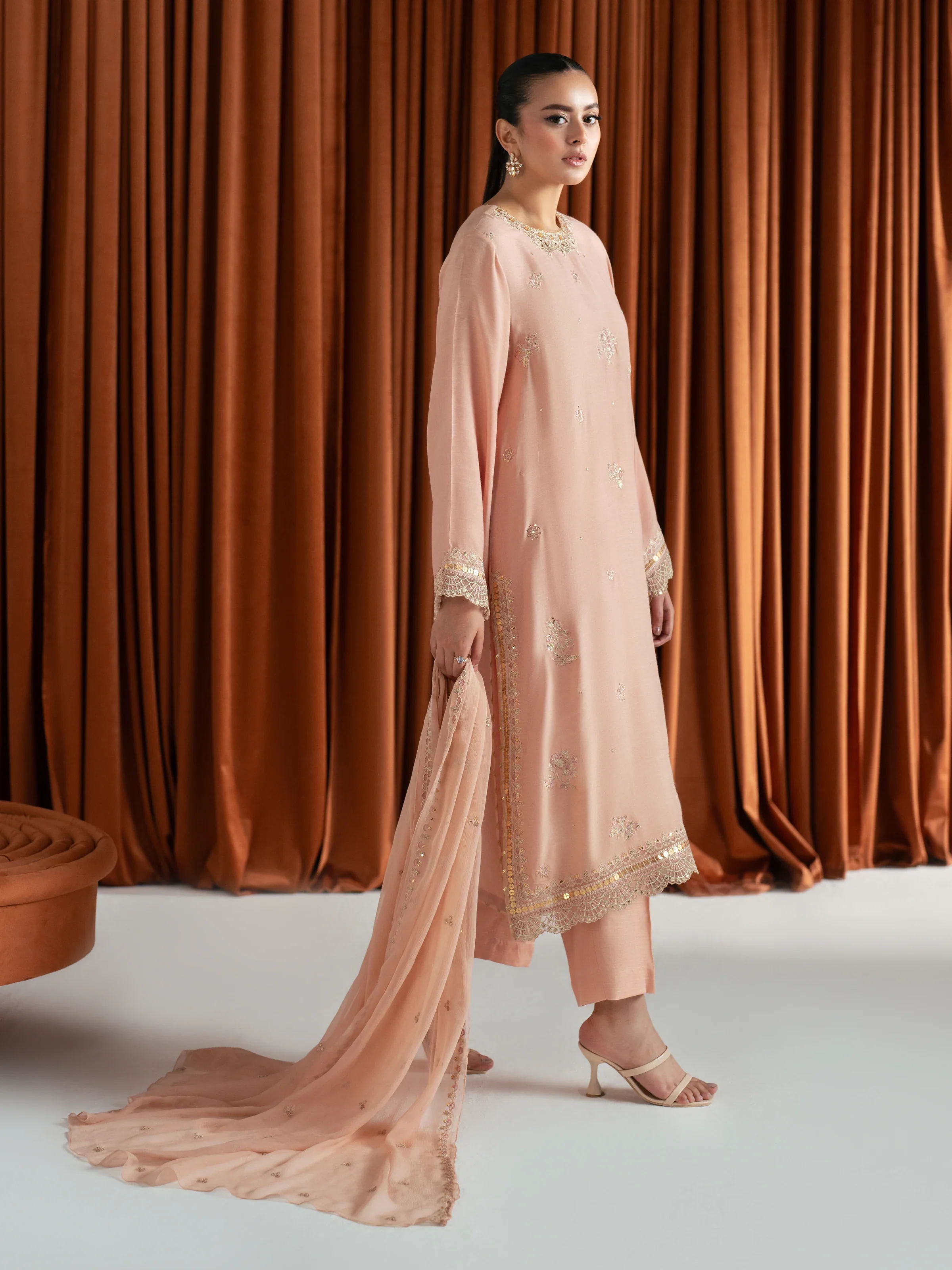 Embroidered Raw Silk Suit - EWTPLE24-00036-3P - Image 5