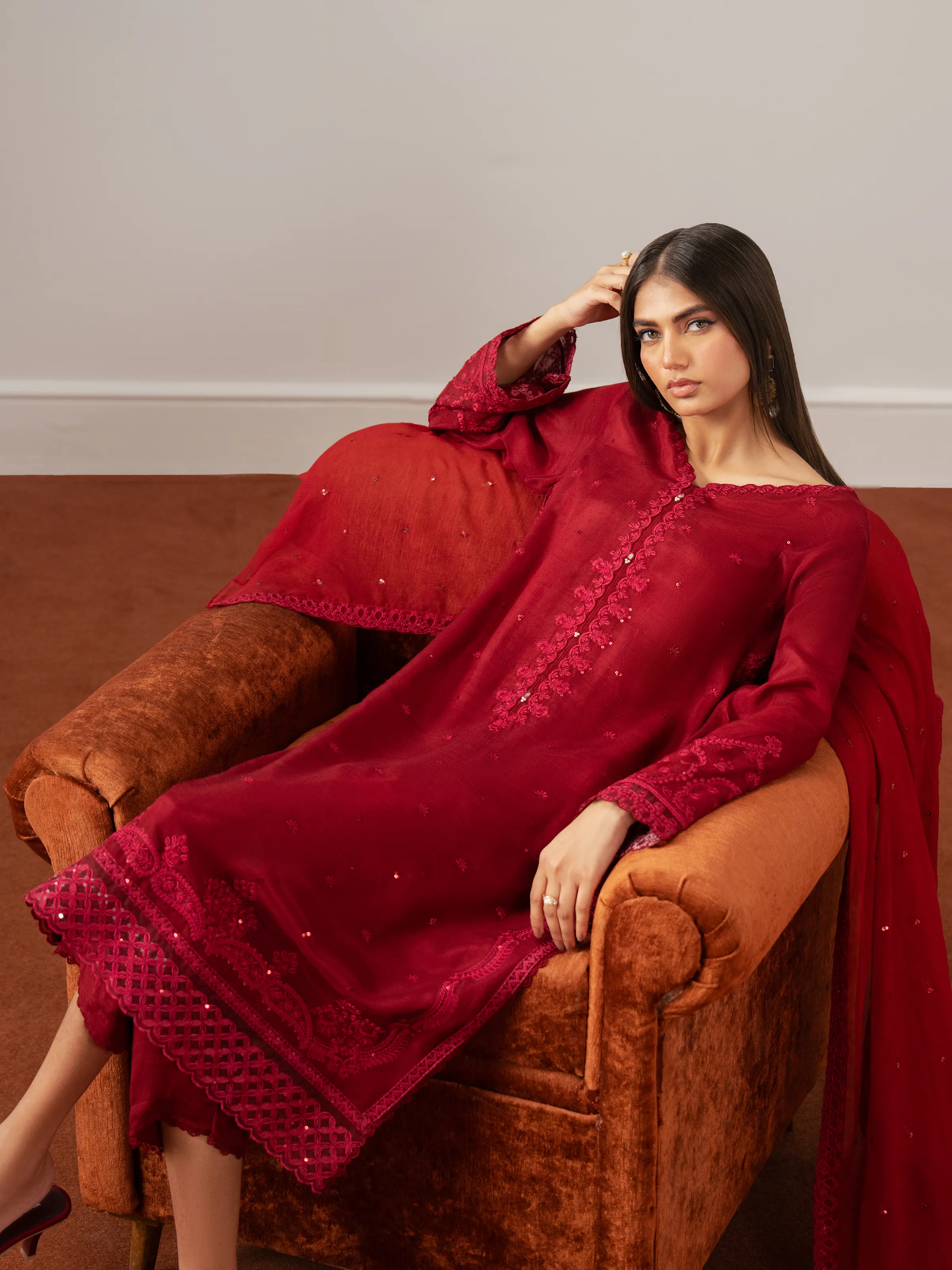 Embroidered Raw Silk Suit - EWTPLE24-00043-3P - Image 2