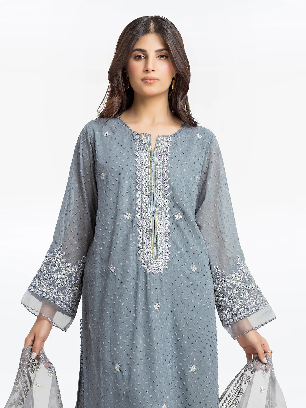 Embroidered Wrinkle Chiffon Suit - EWTPLE24-00029-3P - Image 3