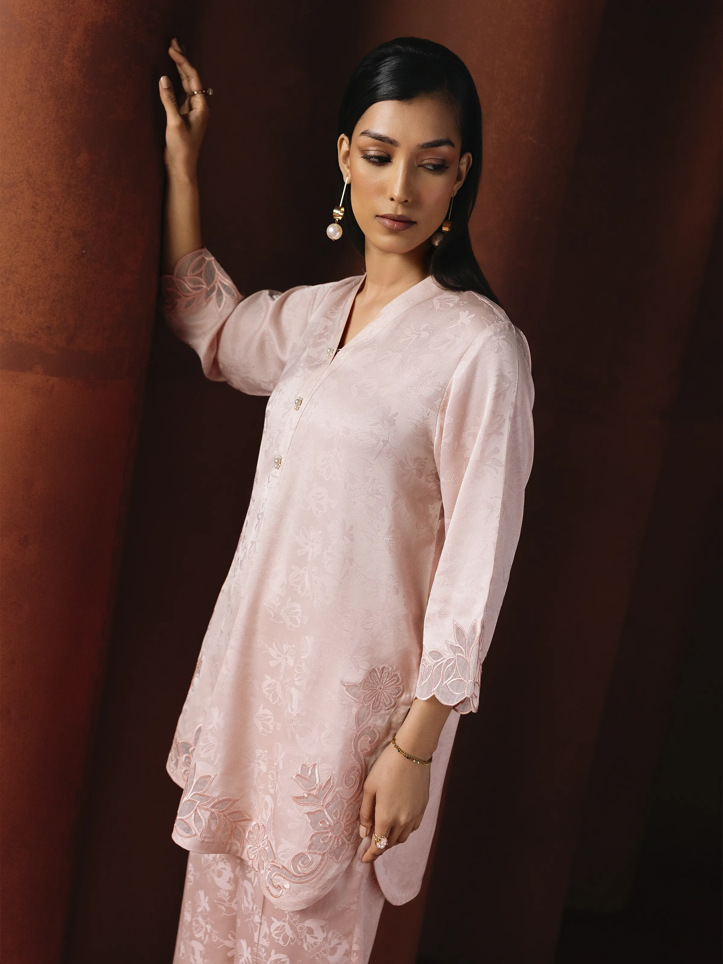 Embroidered Cotton Satin Co-Ord Set - EWTKED6-86150ST - Image 2