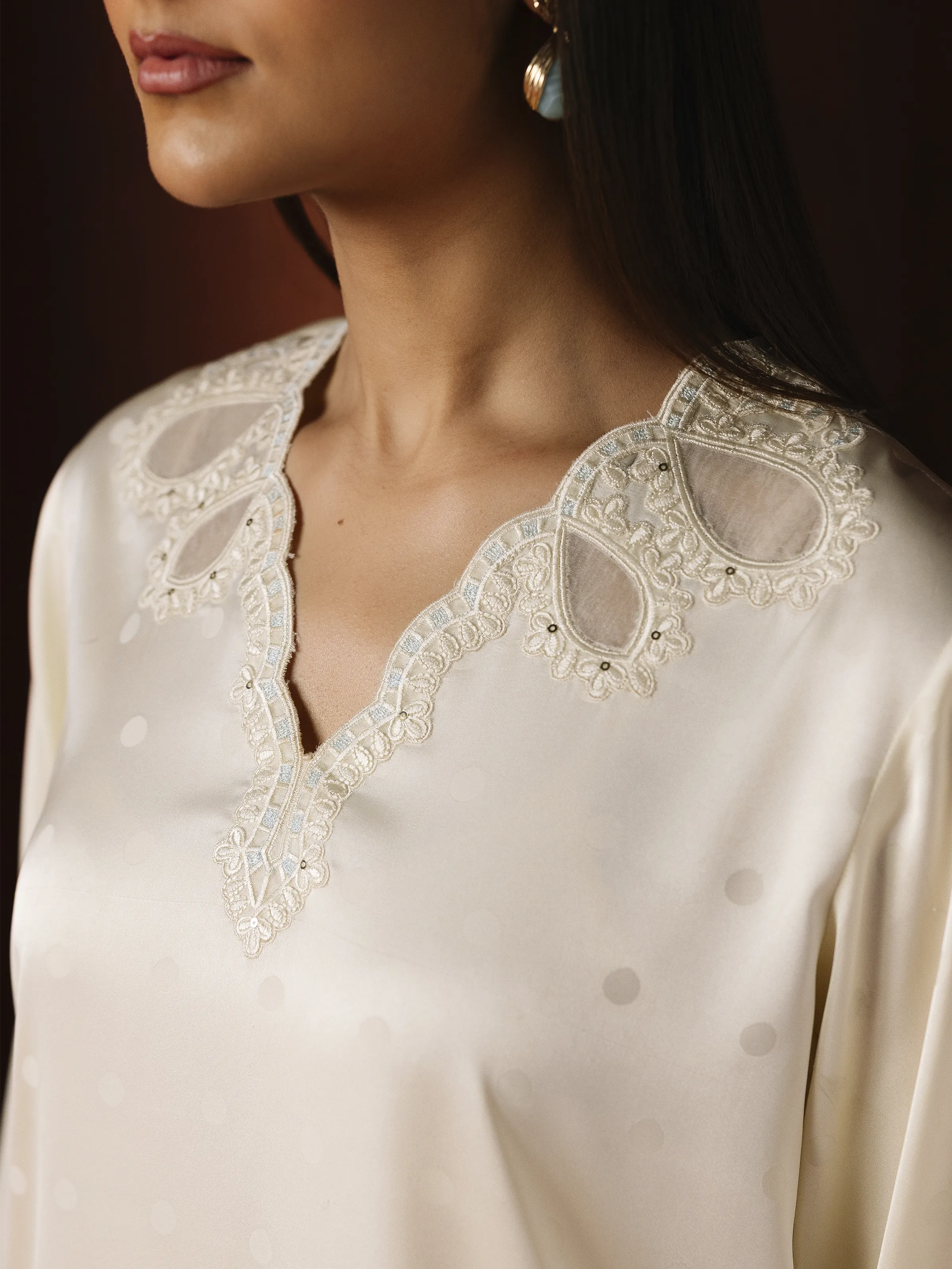 Embroidered Cotton Satin Co-Ord Set - EWTKED6-86152ST - Image 4