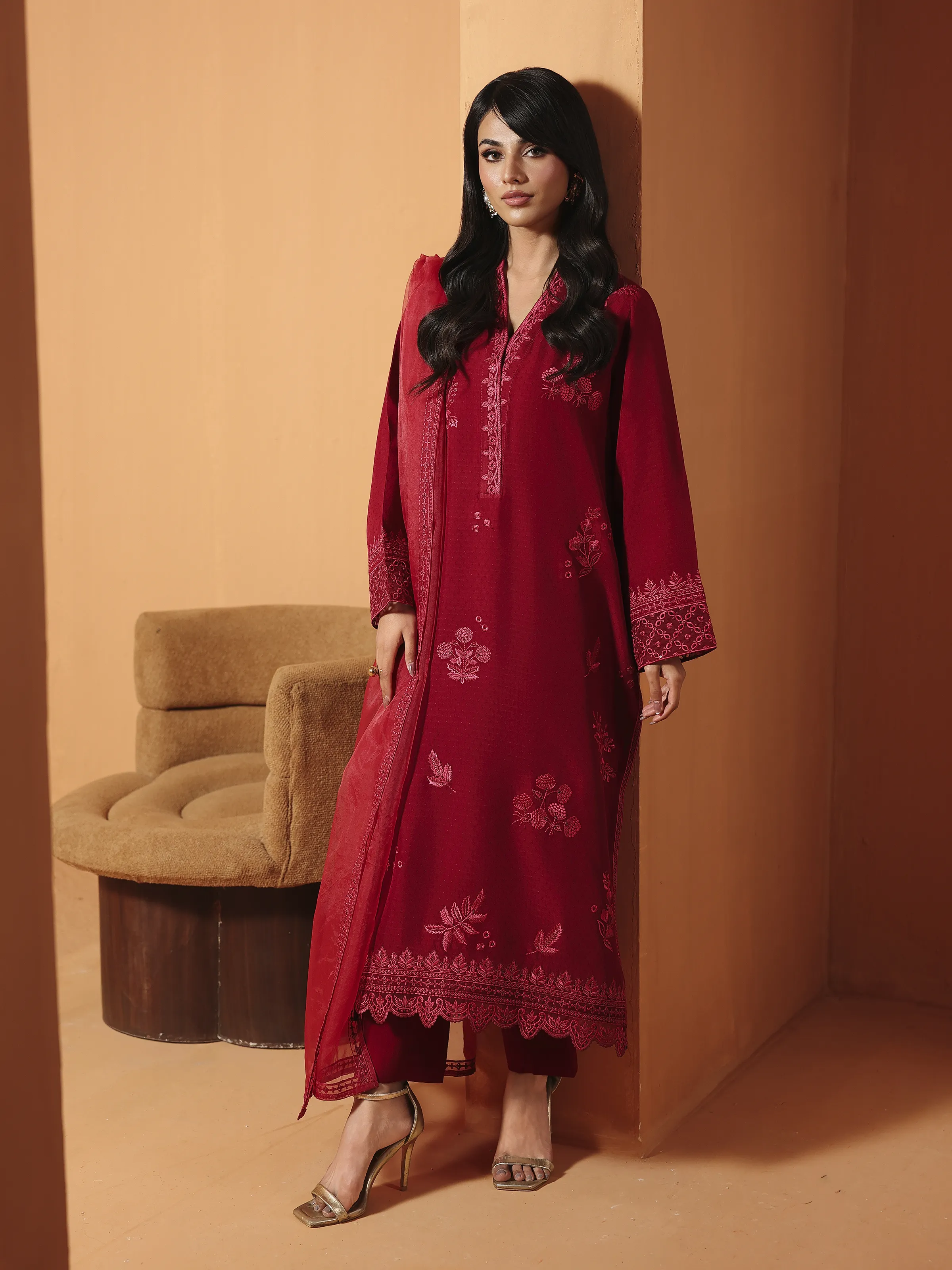 Embroidered Viscose Suit - EWTKED6-84118-3P - Image 3