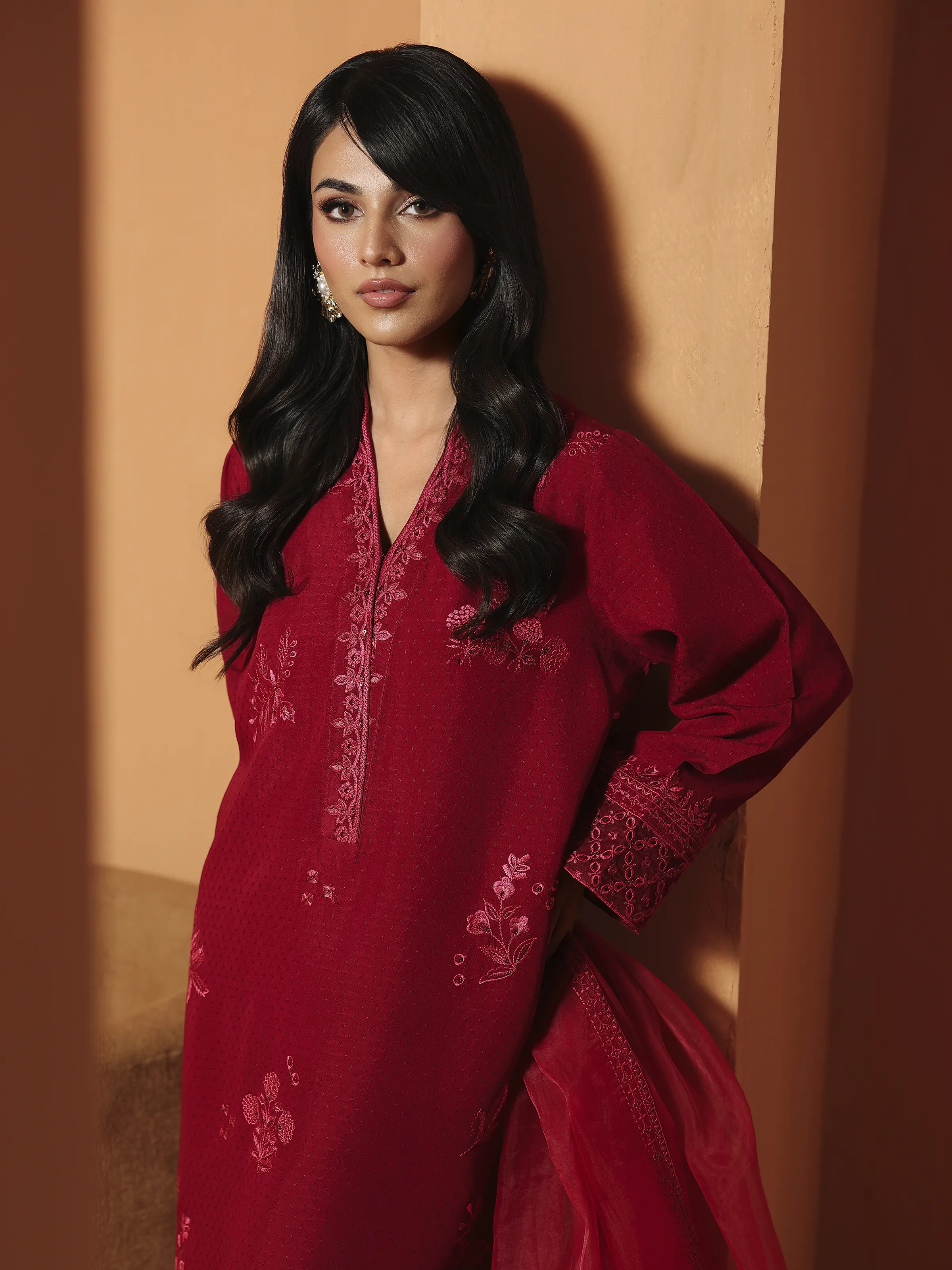 Embroidered Viscose Suit - EWTKED6-84118-3P - Image 5