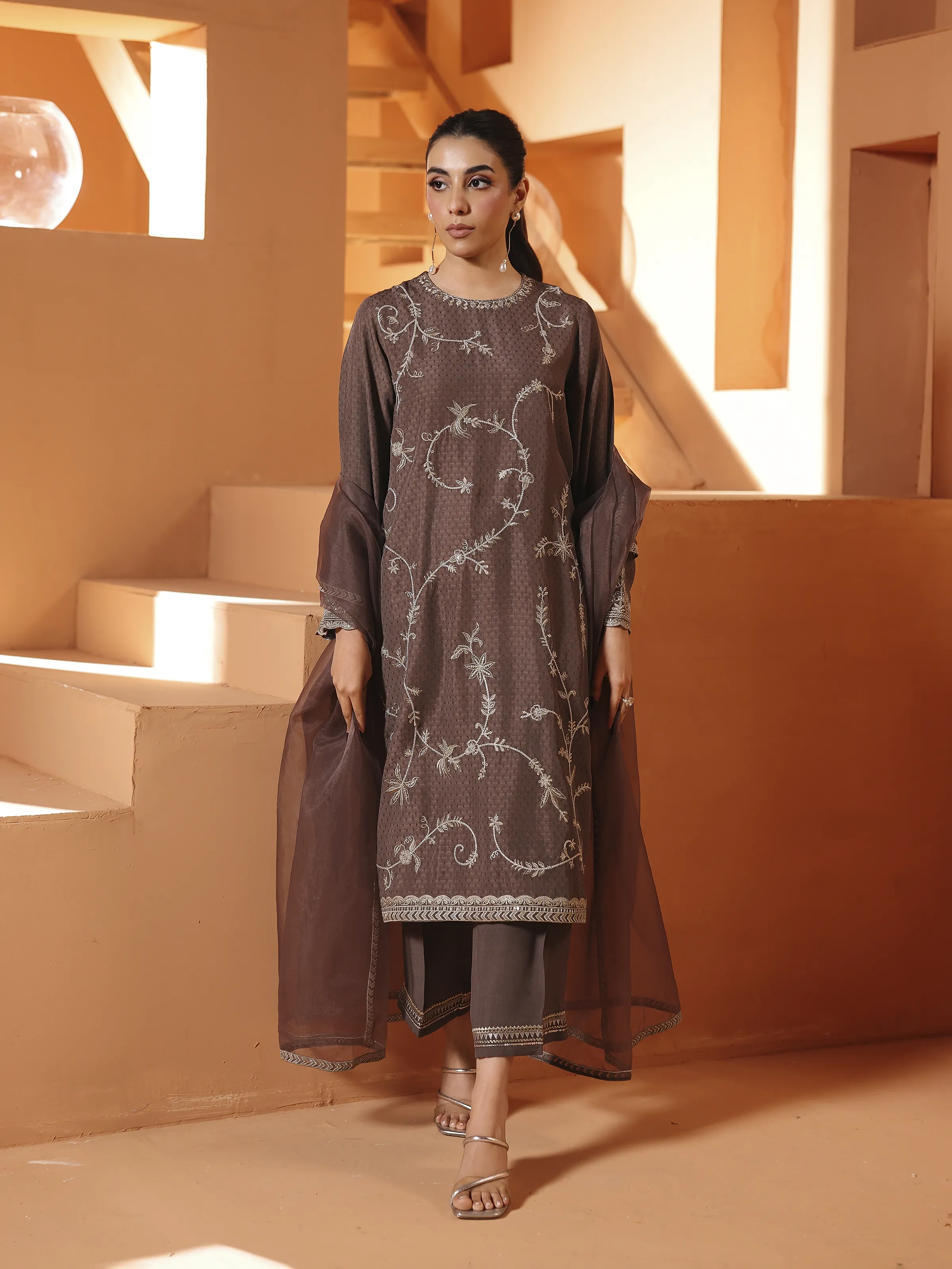 Embroidered Viscose Suit - EWTKED6-84121-3P - Image 6