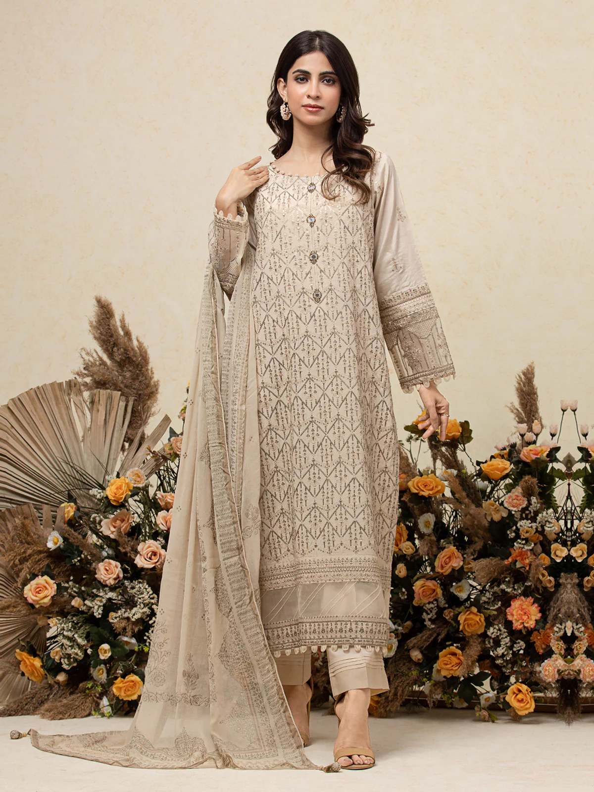 Embroidered Raw Silk Shirt Trouser - EWU23V16-26671ST