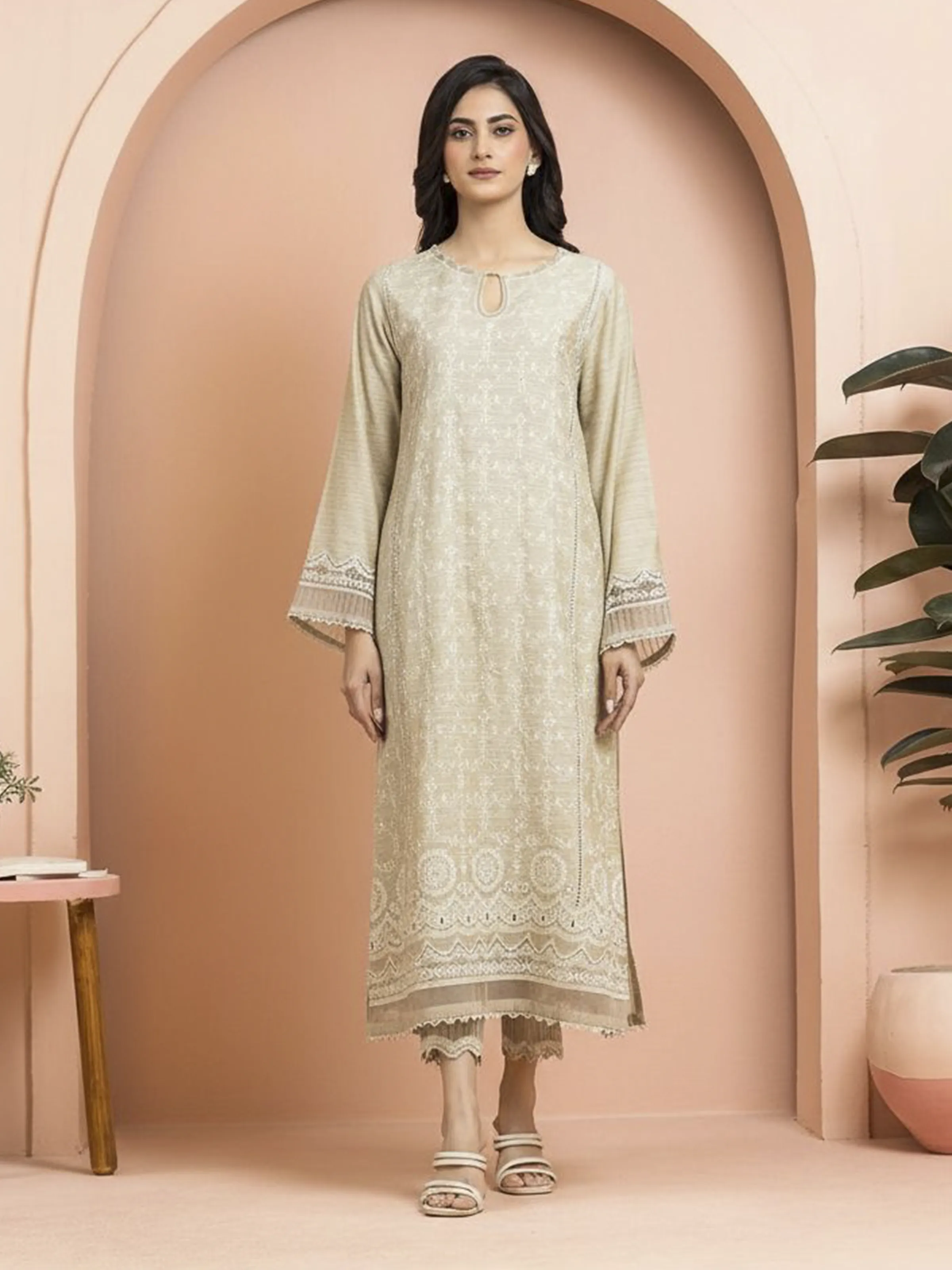 Embroidered Raw Silk Shirt Trouser - EWU24V16-30002ST