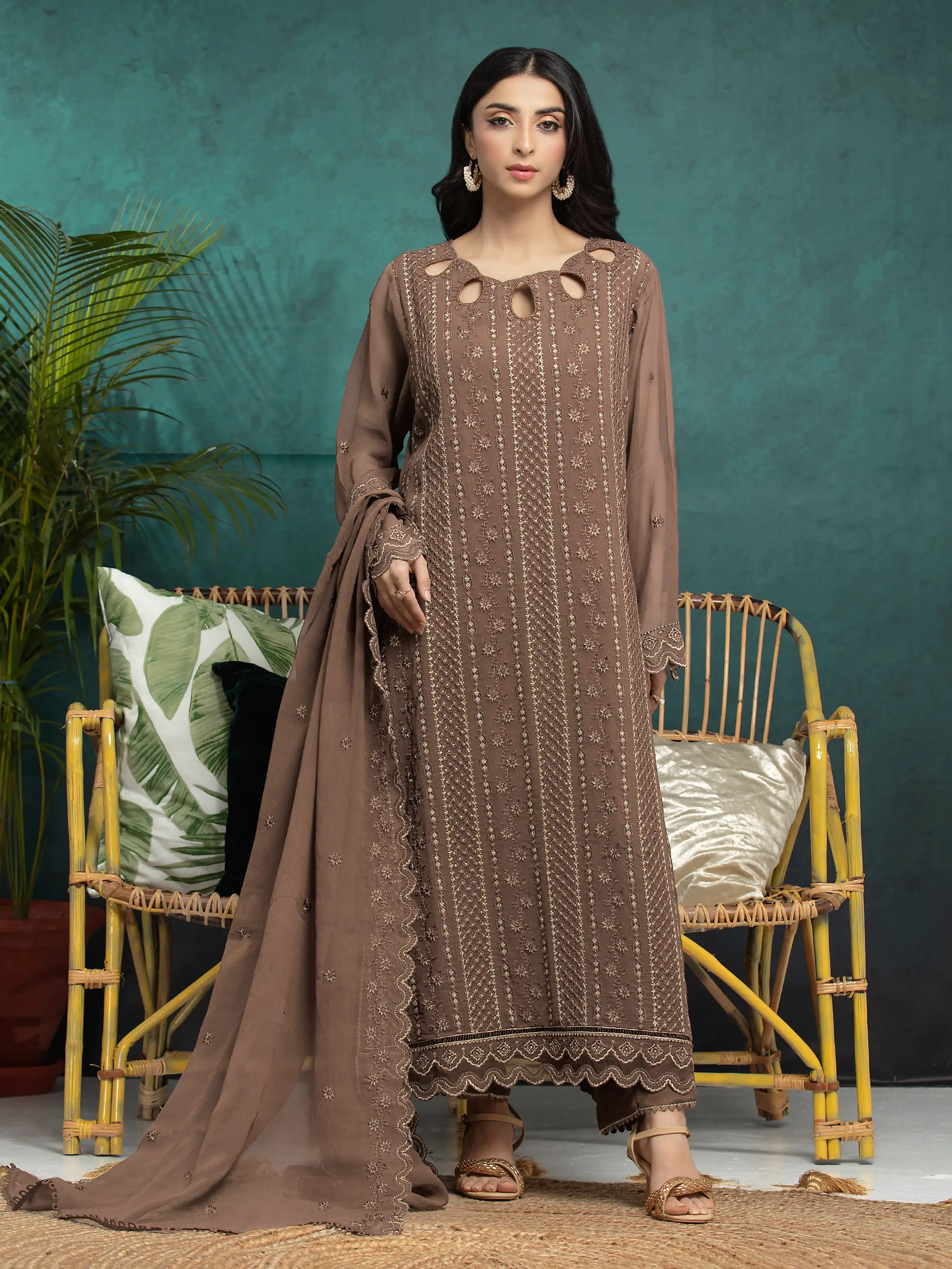 Embroidered Chiffon Suit - EWU24V5-30325-3P