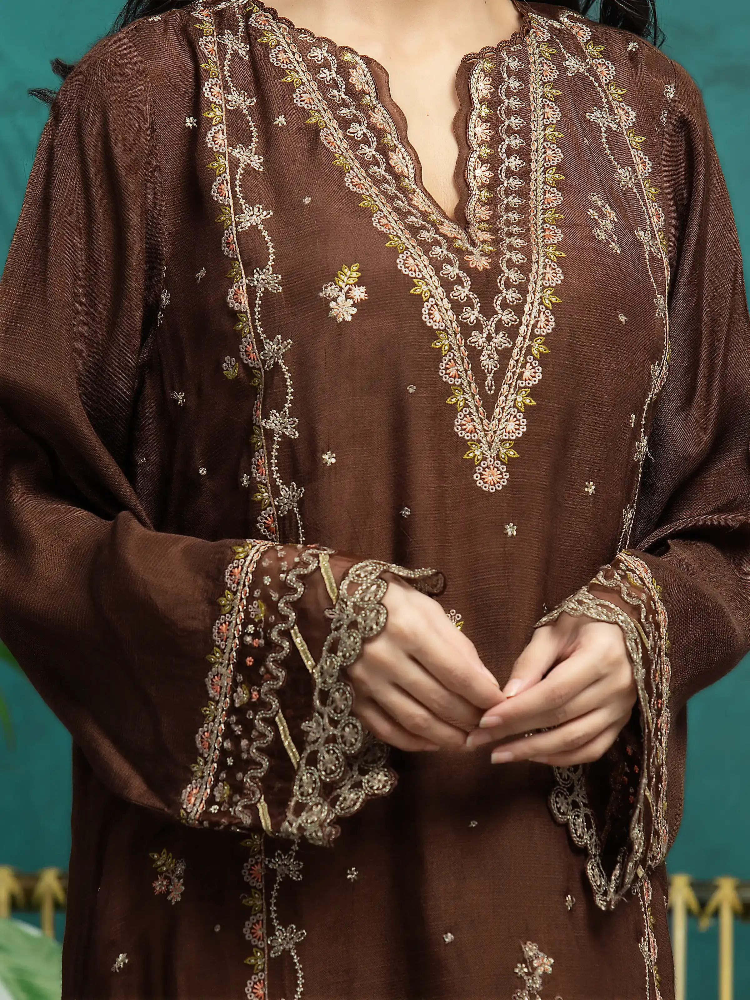 Embroidered Raw Silk Suit - EWU24V16-30286-3P - Image 3