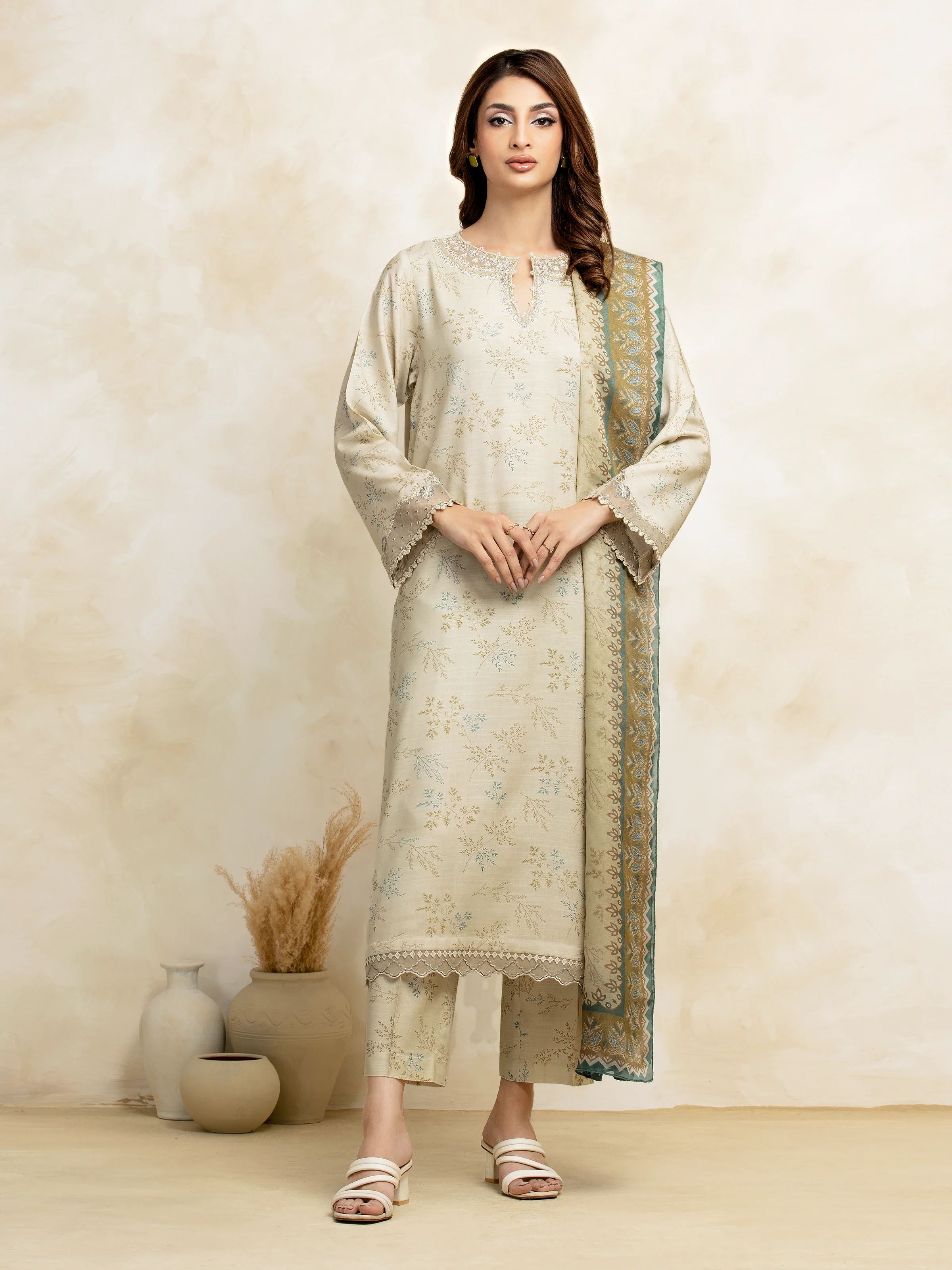 Embroidered Raw Silk Suit - EWU5V16-30222-3P