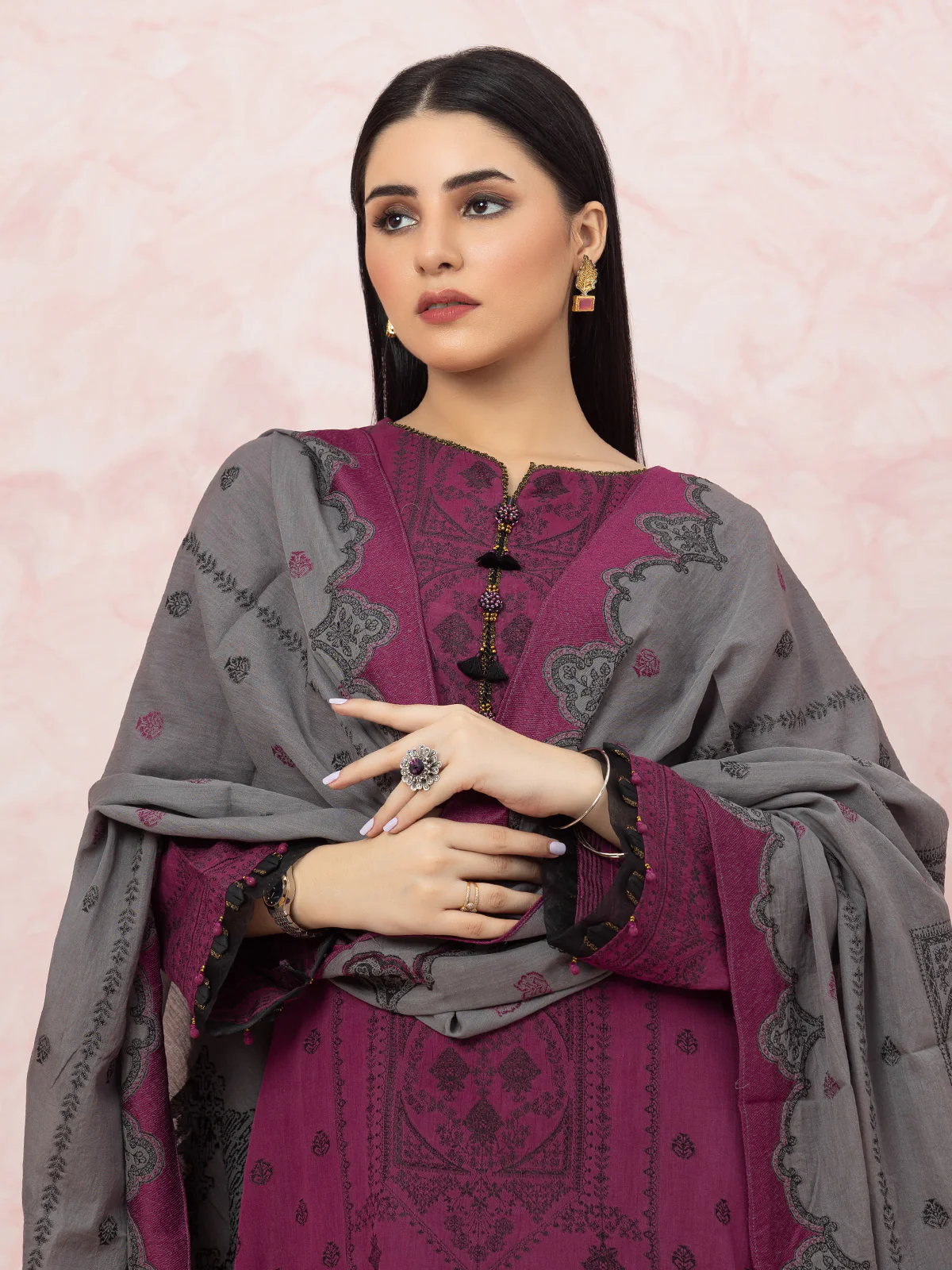 Embroidered Jacquard Shirt Dupatta - EWU24V3-26620SD - Image 4