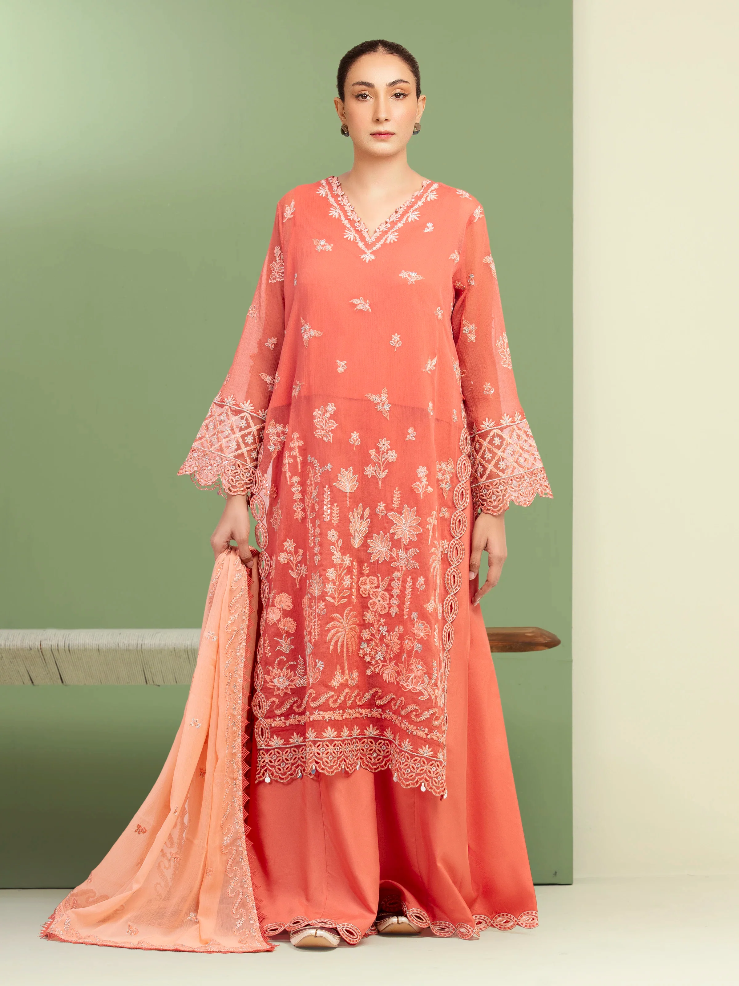 Embroidered Chiffon Suit - EWU5V5-31308-3P
