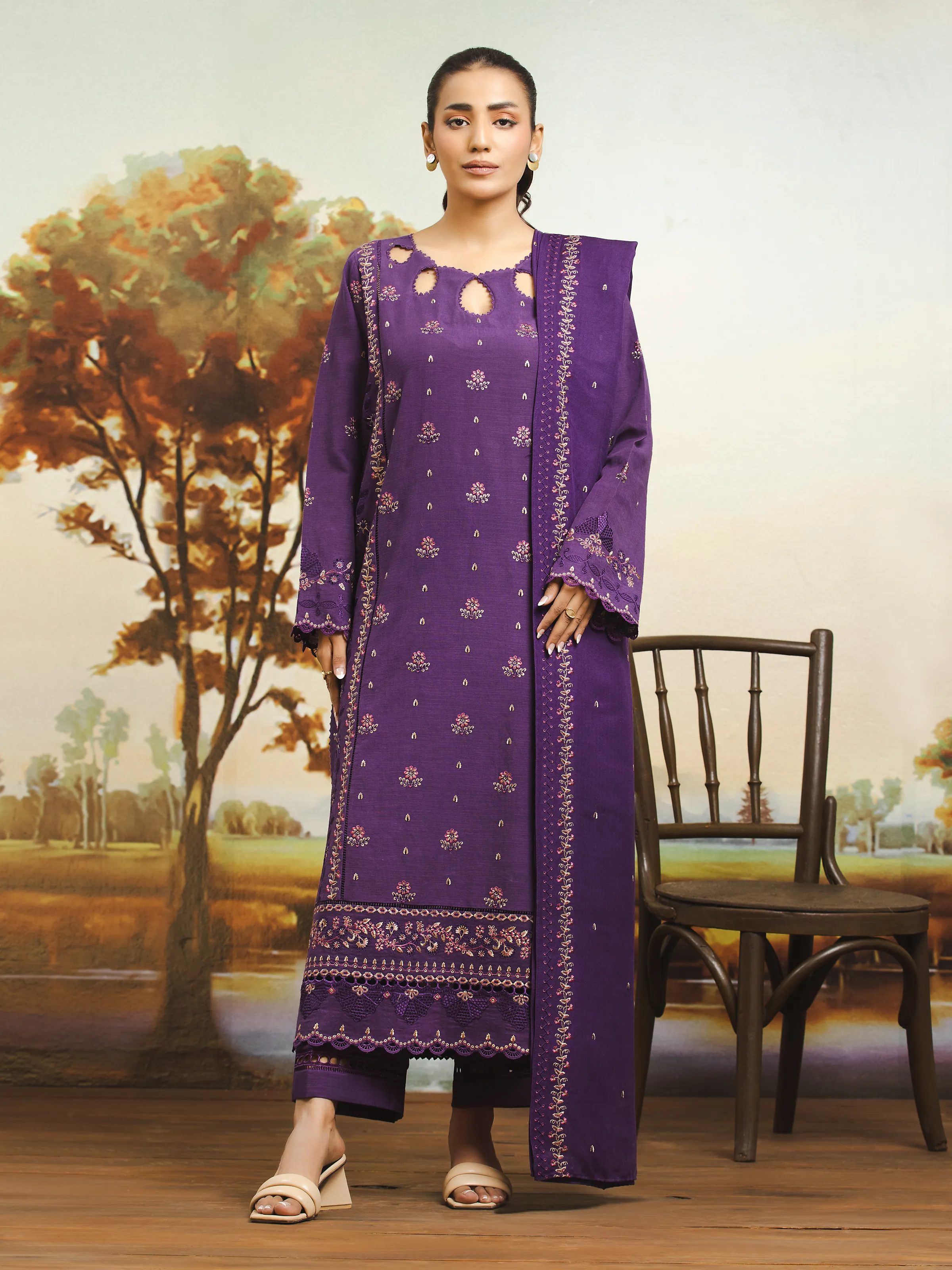 Embroidered Marina Twill Shirt Dupatta - EWU24V14-30351SD