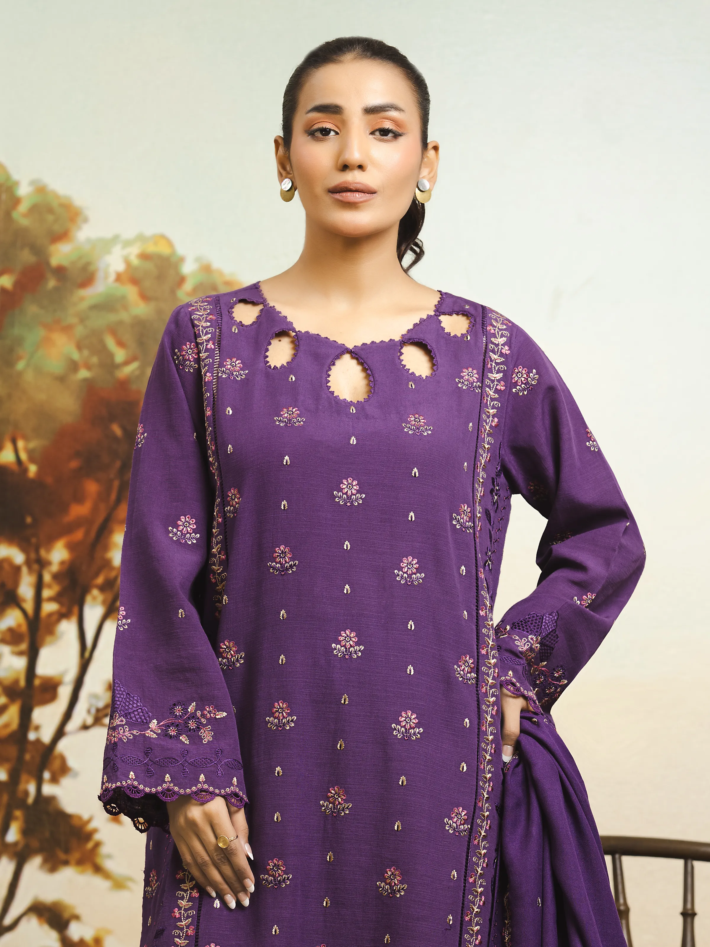 Embroidered Marina Twill Shirt Dupatta - EWU24V14-30351SD - Image 3