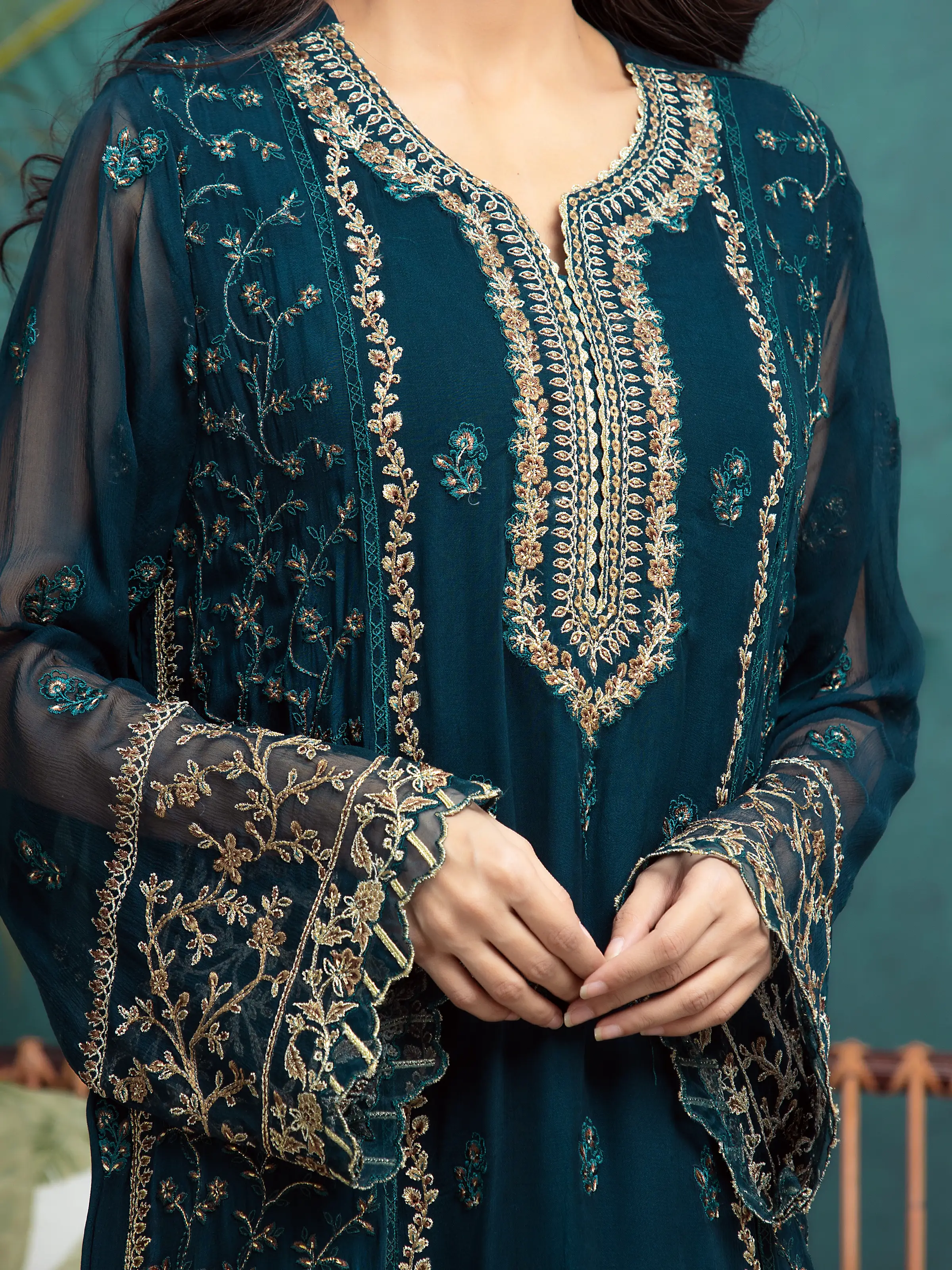 Embroidered Chiffon Suit - EWU24V5-30322-3P - Image 4