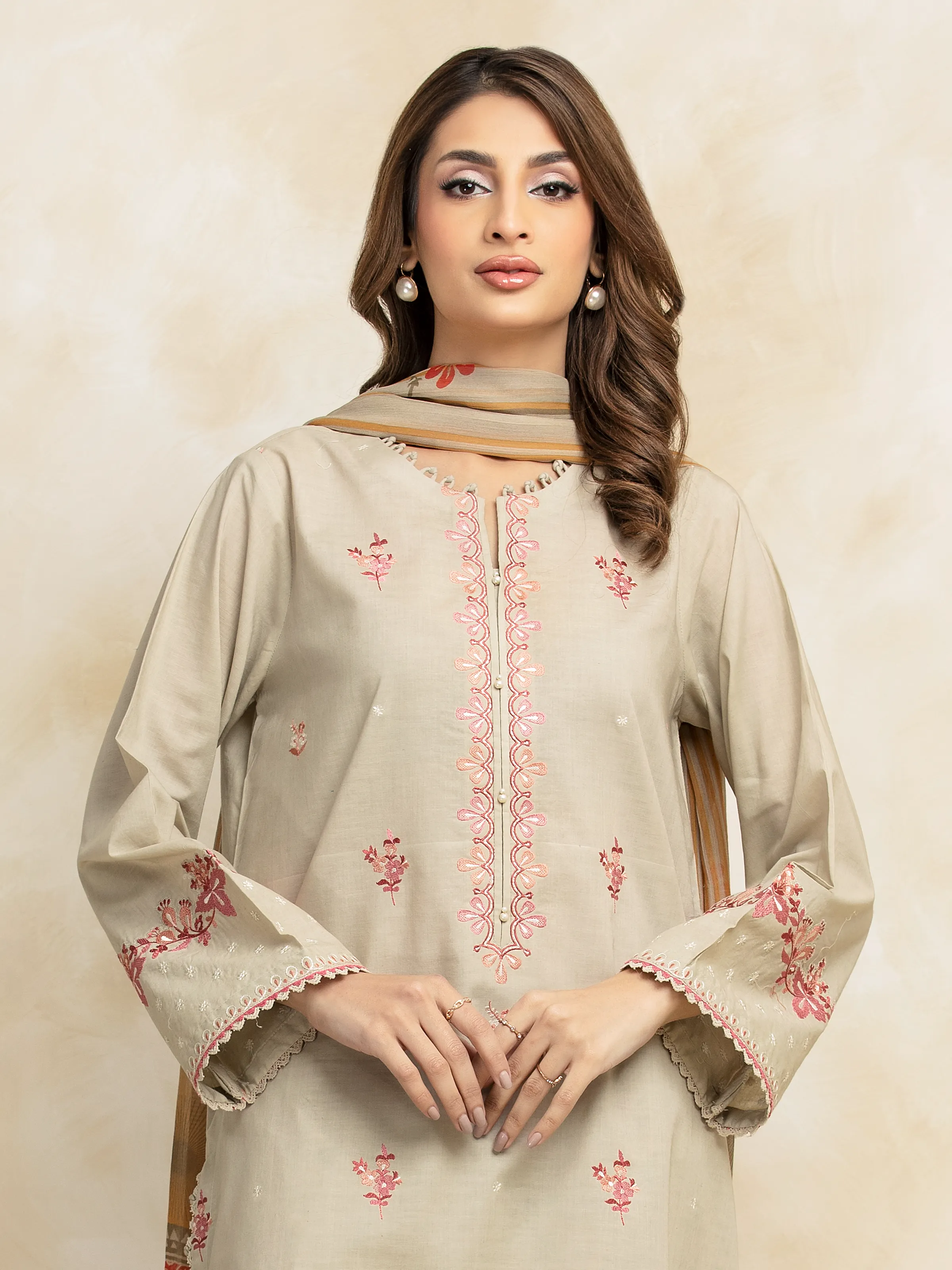 Embroidered Cambric Shirt Dupatta - EWU5V2-31032SD - Image 2