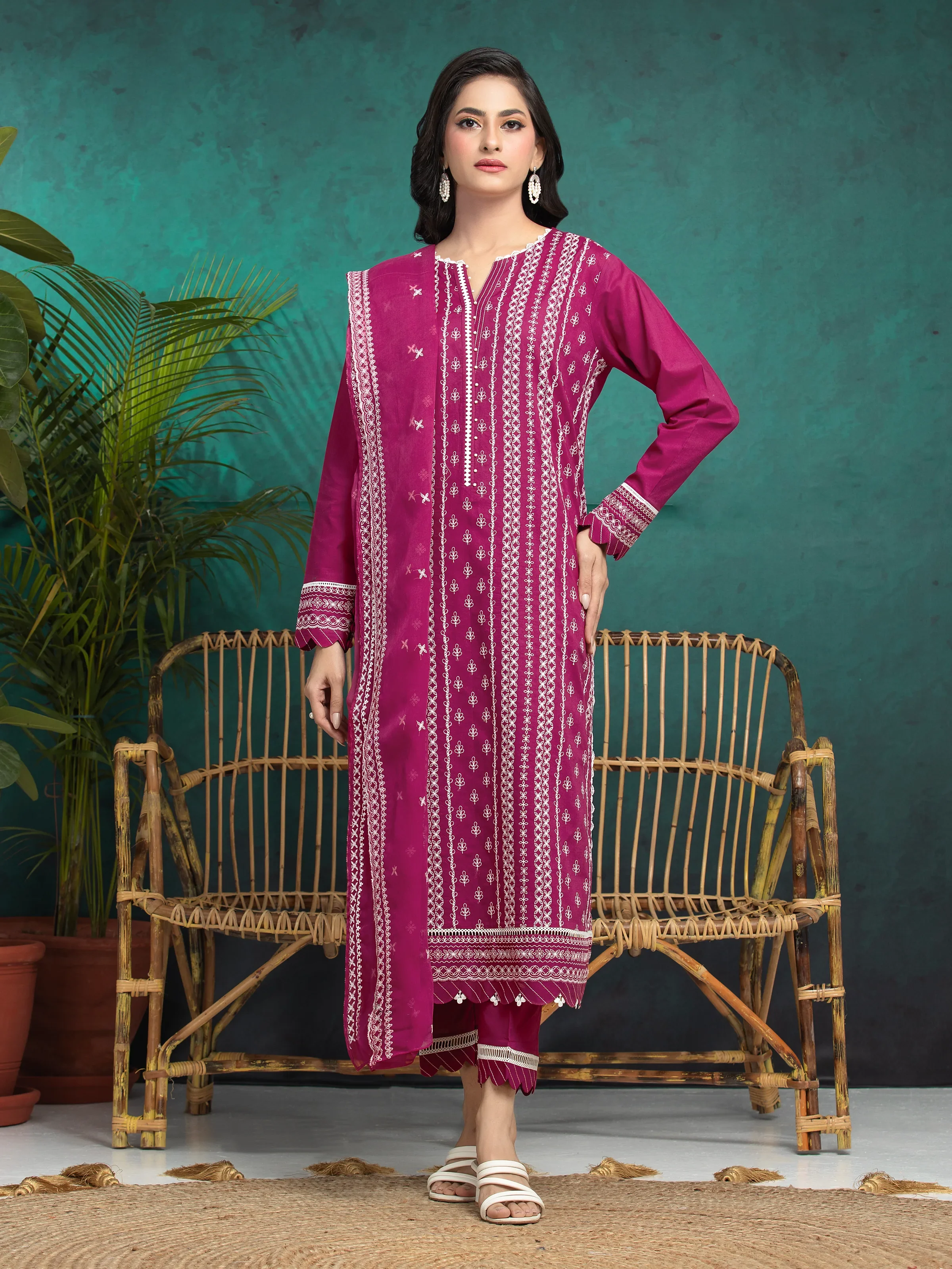 Embroidered Cambric Suit - EWU5V2-31017-3P
