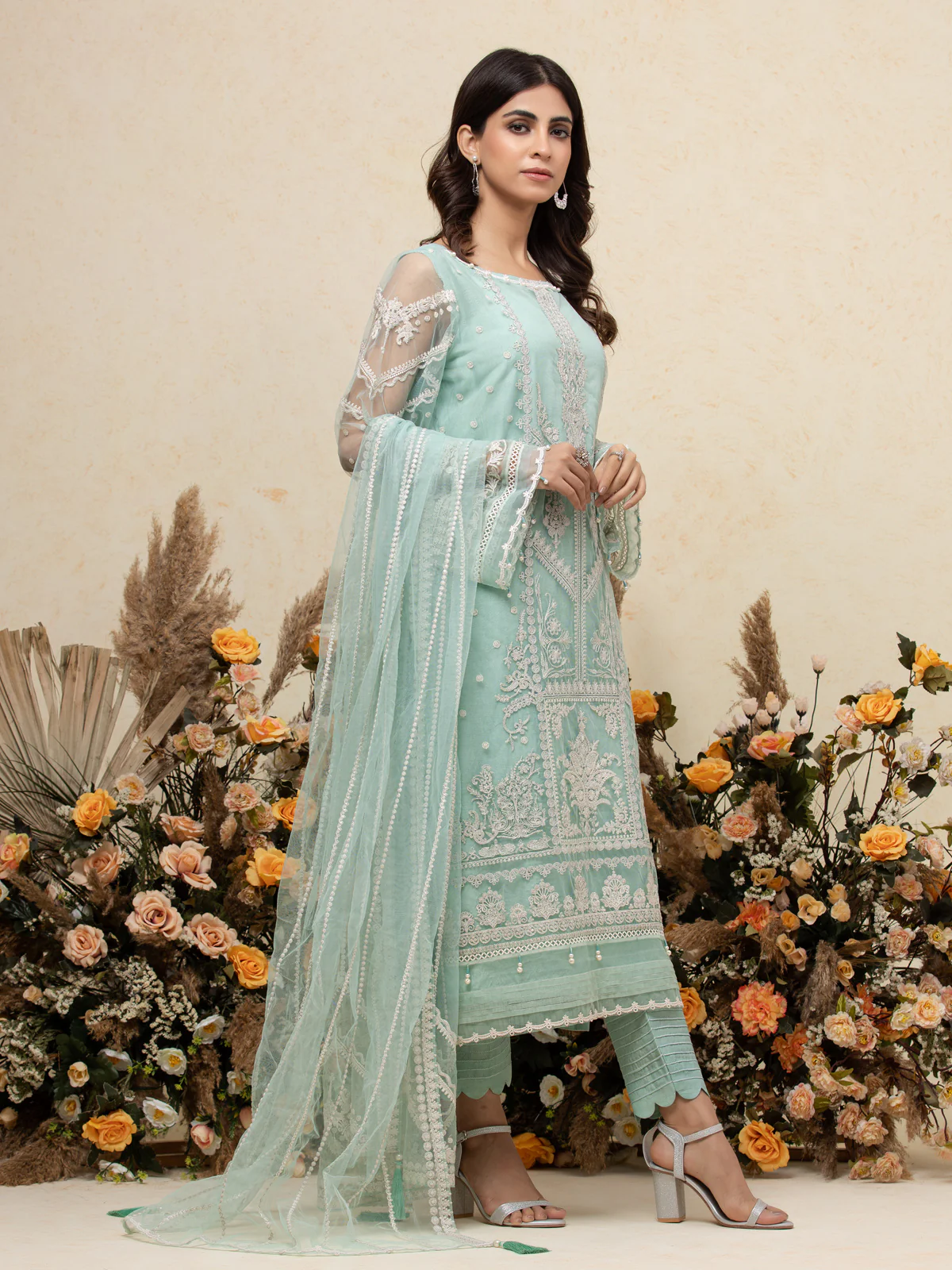 Embroidered Net Shirt Trouser - EWU23V15-26655ST