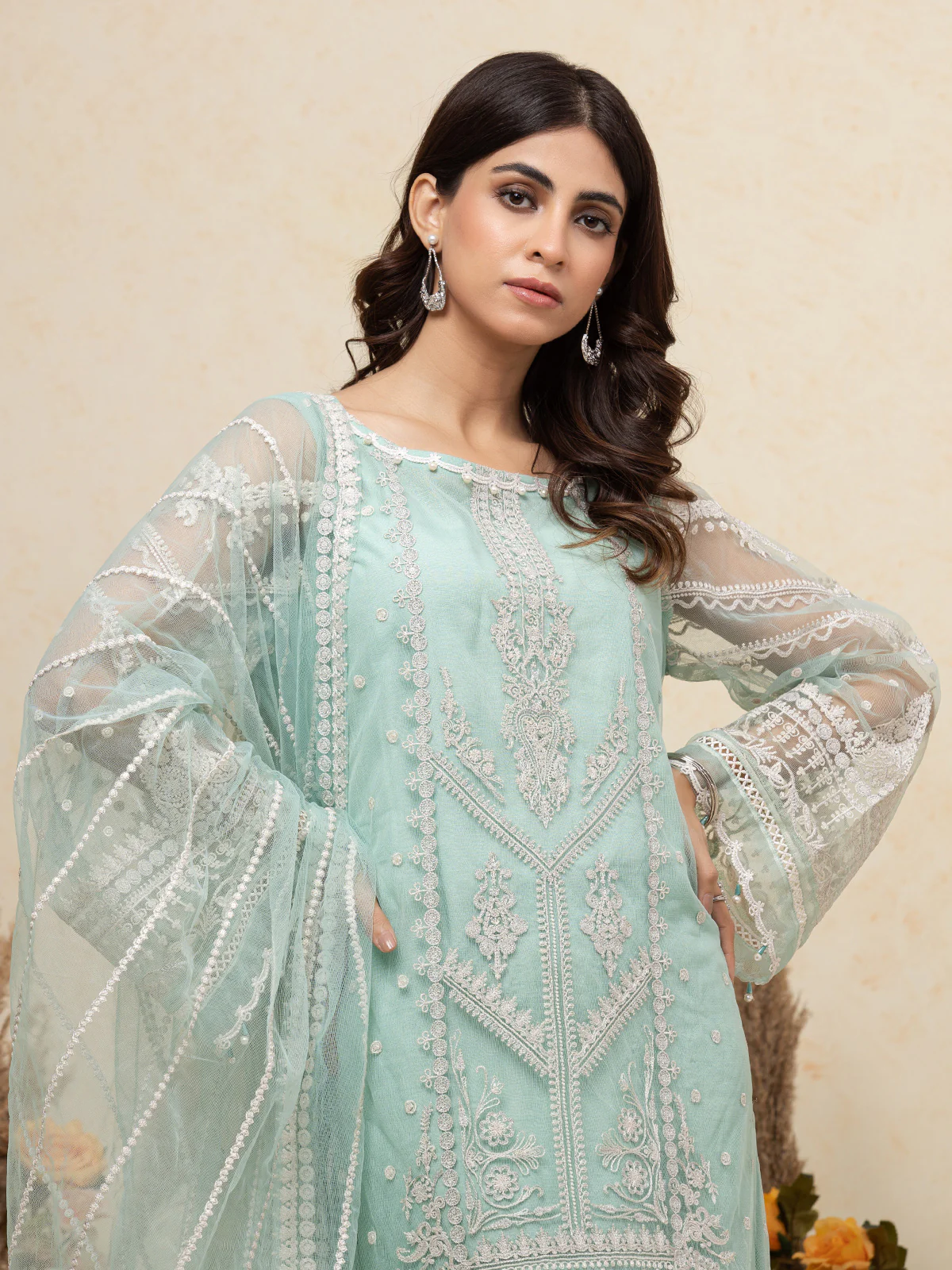 Embroidered Net Shirt Trouser - EWU23V15-26655ST - Image 3