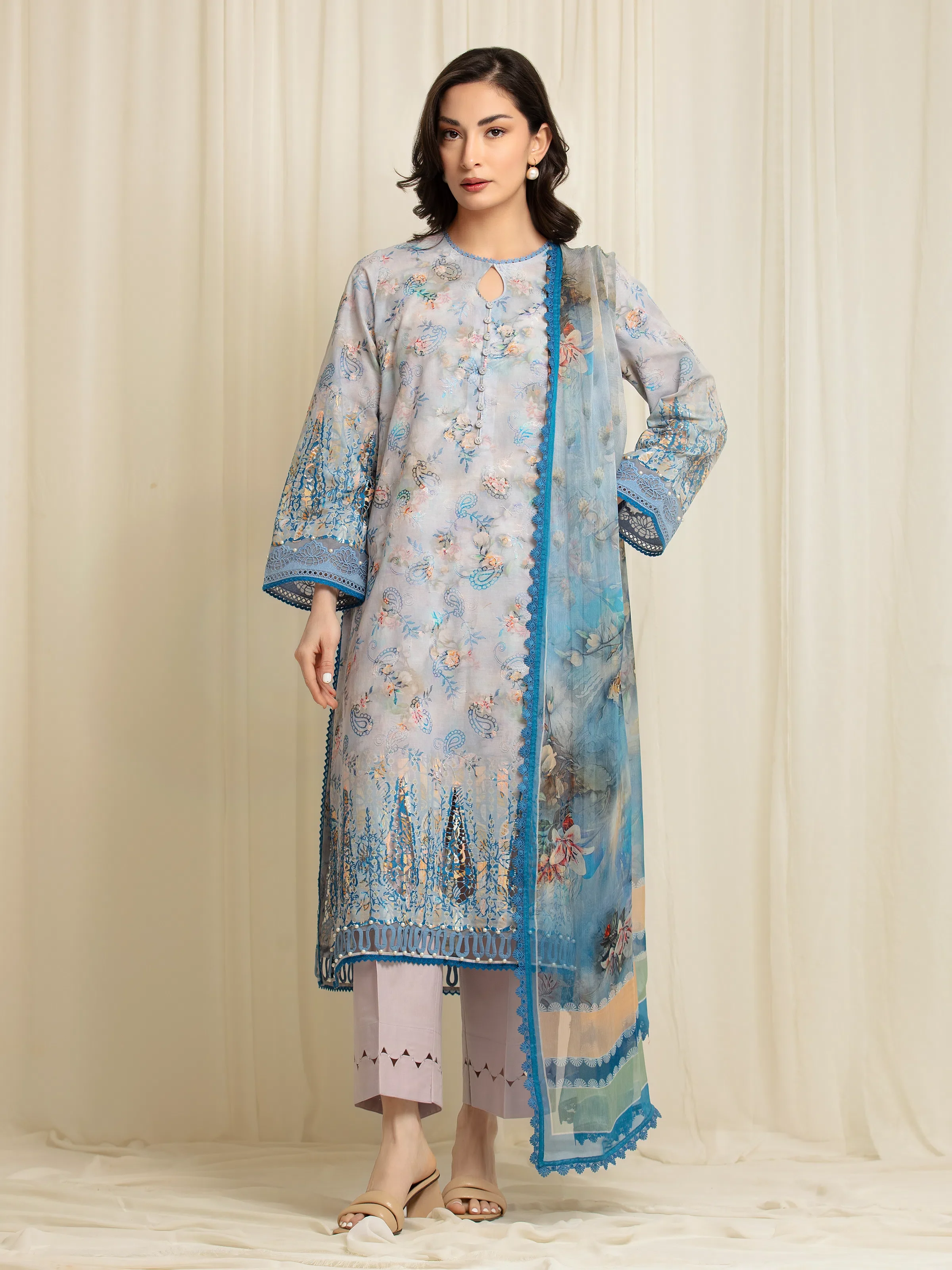 Embroidered Cambric Suit - EWU6V2-33513-3P