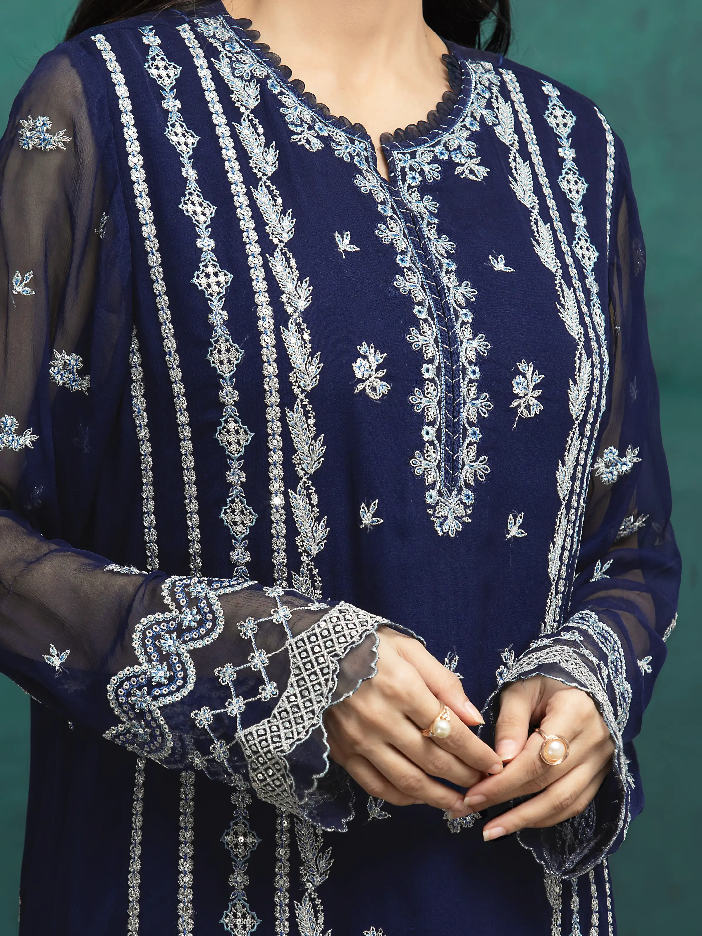 Embroidered Chiffon Suit - EWU24V5-30324-3P - Image 4
