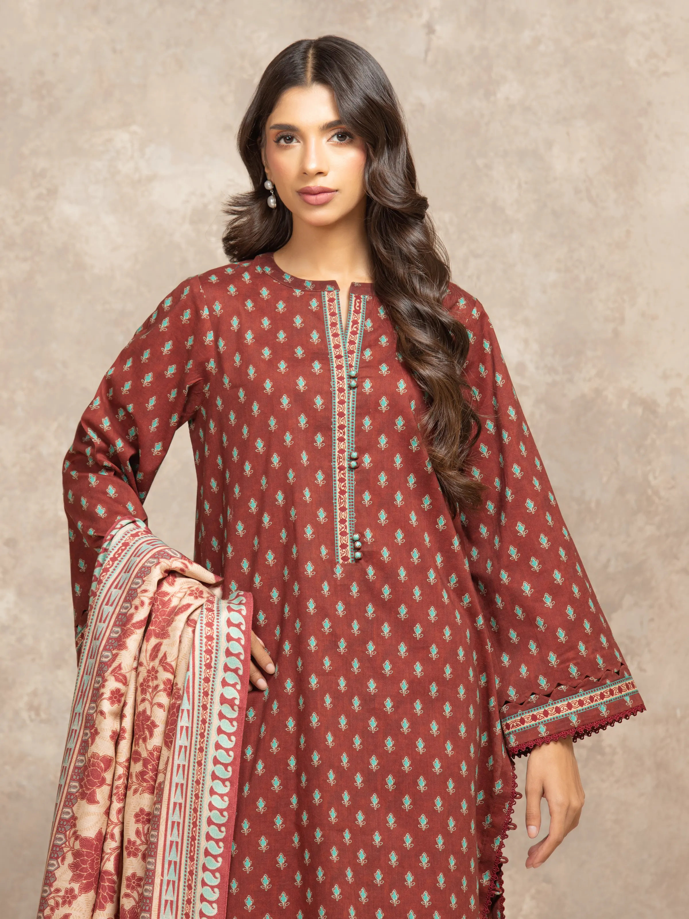Printed Khaddar Shirt Dupatta - EWU5M3-009SD - Image 2