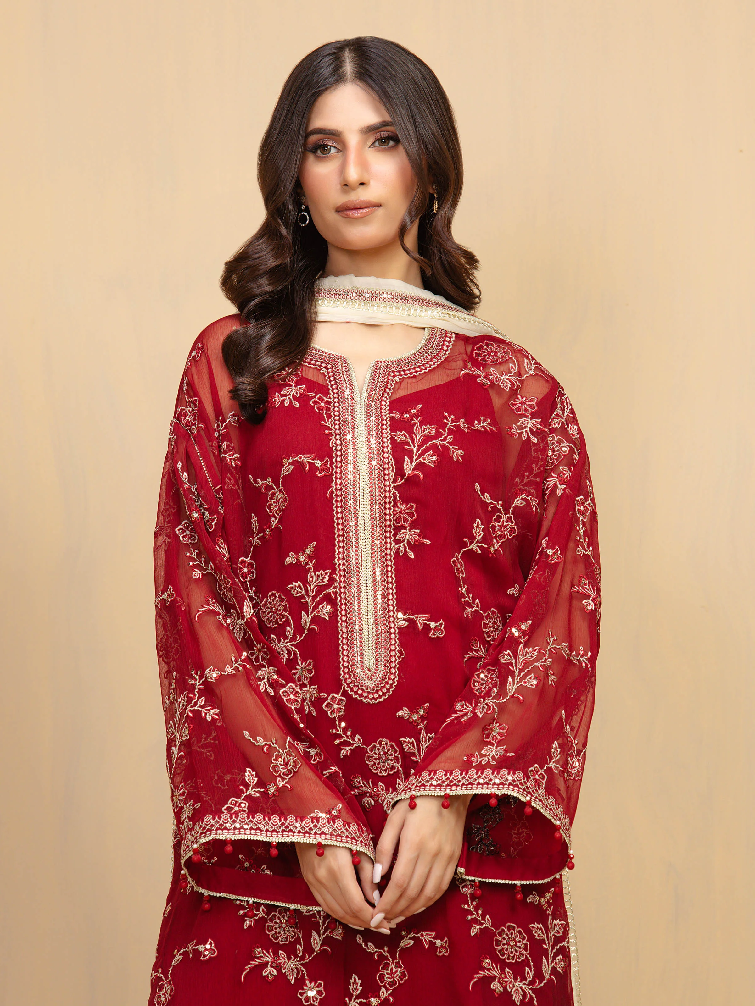 Embroidered Chiffon Suit - EWU5V5-31309-3P - Image 2