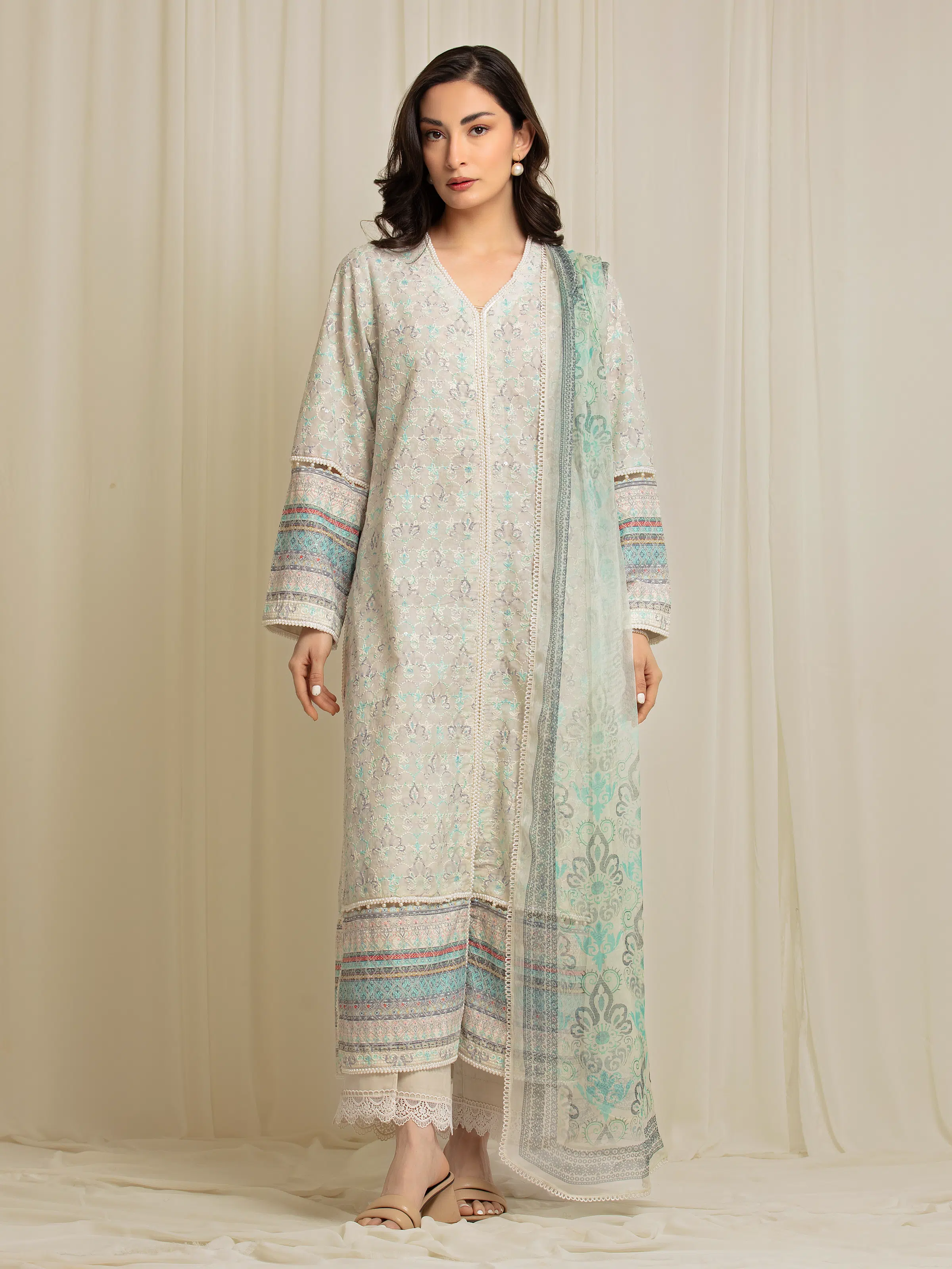 Embroidered Cambric Suit - EWU6V2-33514-3P